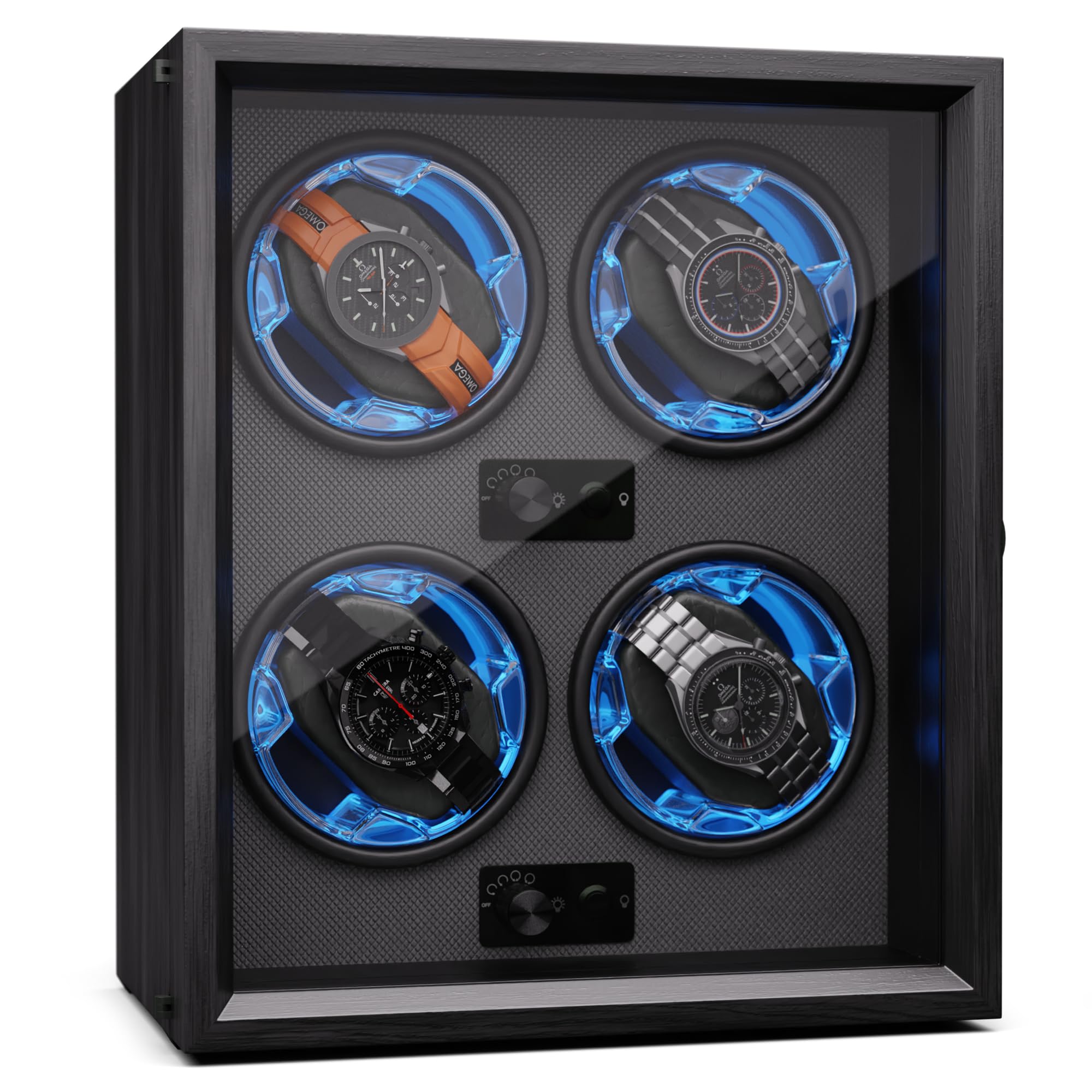 Klarstein Automatic Watch Winder for 4 Watches, Luxury Watch Storage Box, Acrylic Window Display Case, Auto Watch Winder Uk for Men & Women, Blue LED, 4 TPD Settings, Spring Tension Watch Winder Motor