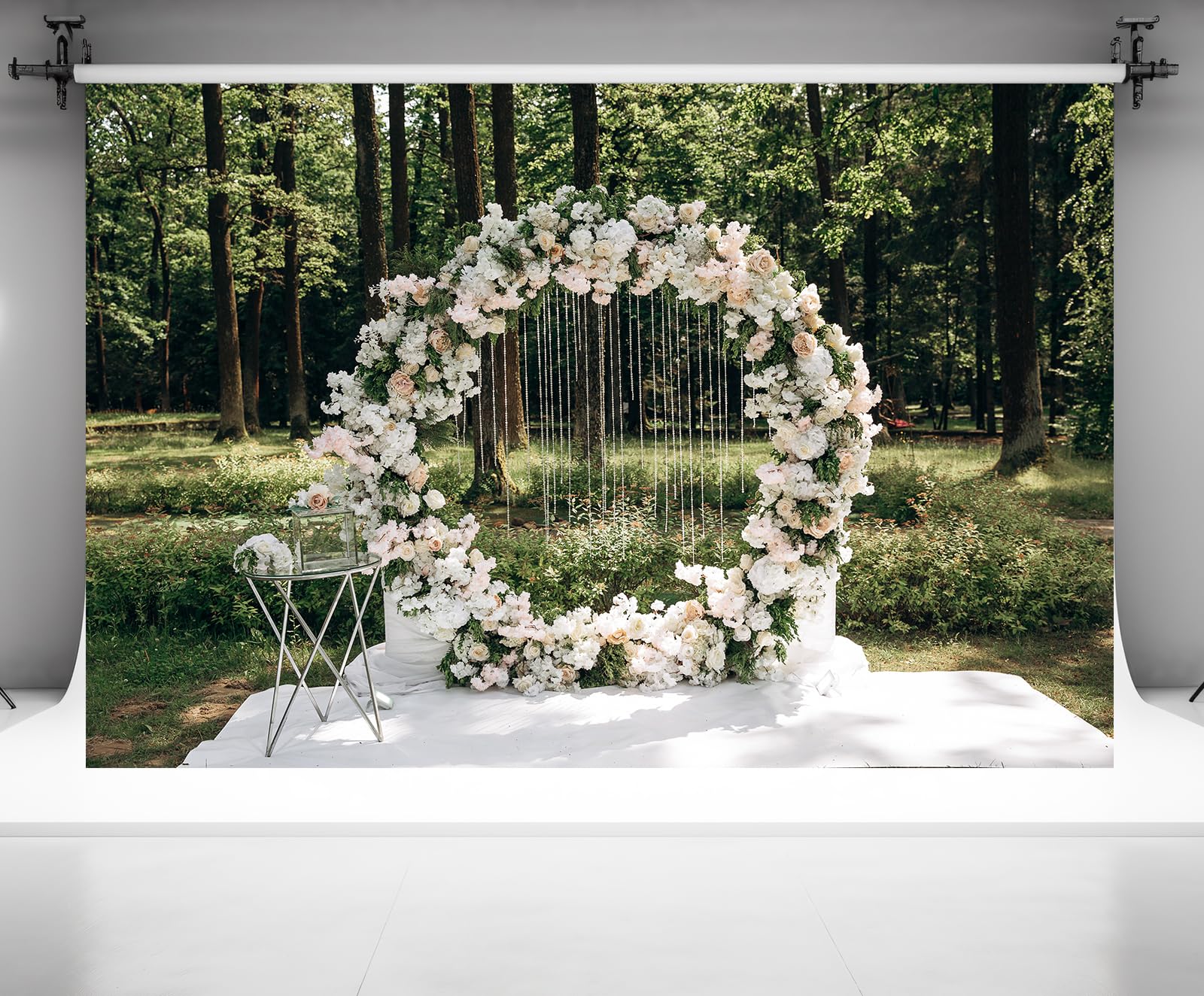 Hochzeits-Hintergrund für Fotografie, Wiege, Zeremonie, Blumenbogen, Quasten, Dekoration, Outdoor, Hochzeit, Hintergrund für Brautparty, Muttertag, Blumenheiratshintergrund,