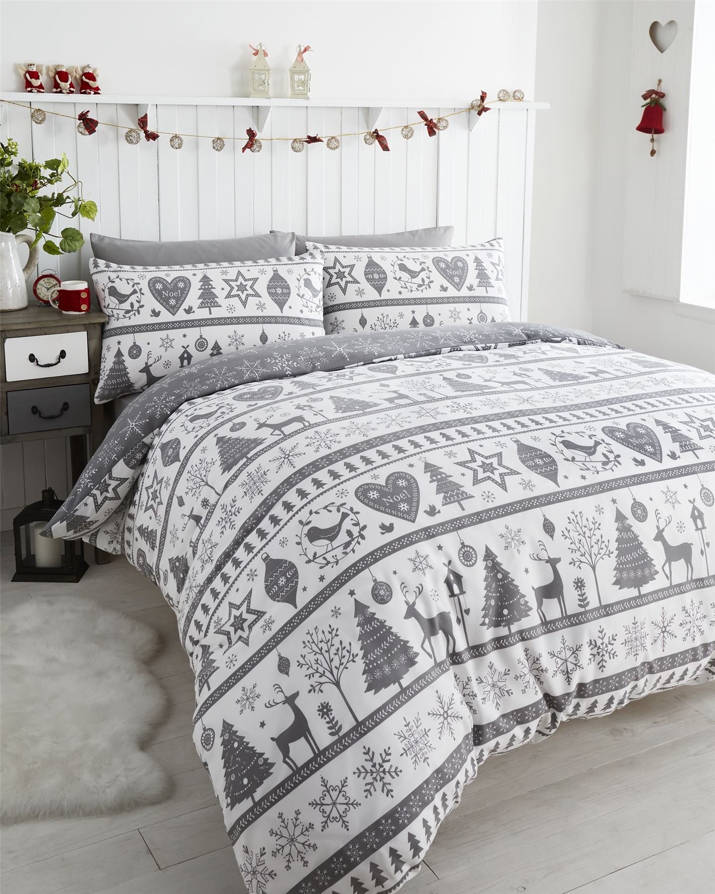 Noel Quilt Duvet Cover 2 Pillowcase Bedding Bed Set Christmas Trees, Grey, 3pcs, King