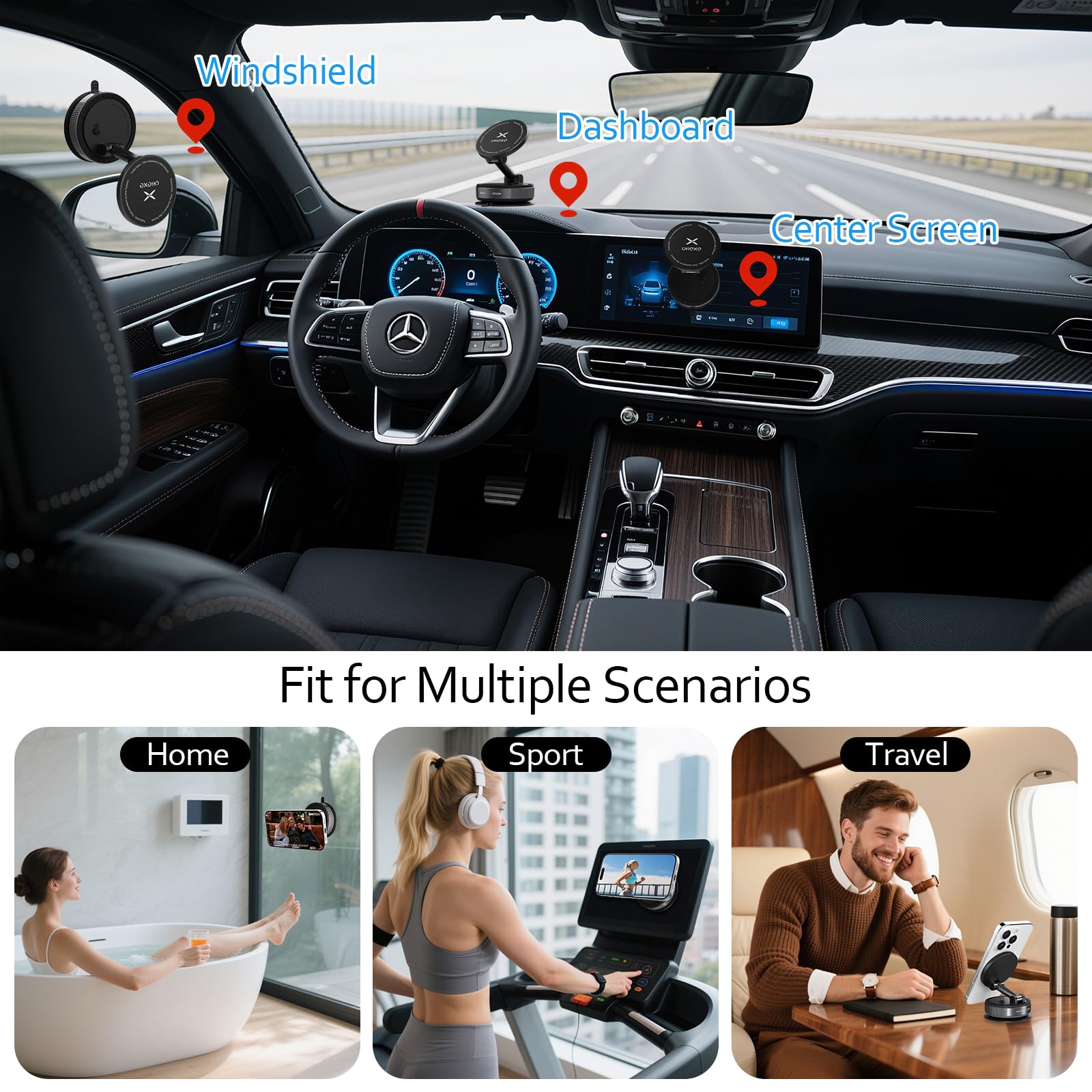 Support Magnétique Voiture UKEXE - Ventouse Ultra-forte, Rotation 360°, Compatible MagSafe IPhone 12-17 Pro Max - 11