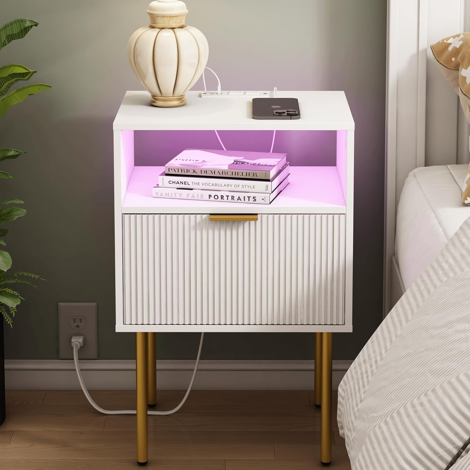 Modern Nightstand with Charging Station and LED Lights, White Bedside Table with Drawer, Fluted Side Table for Living Room, Bedroom White Vertical Stripe