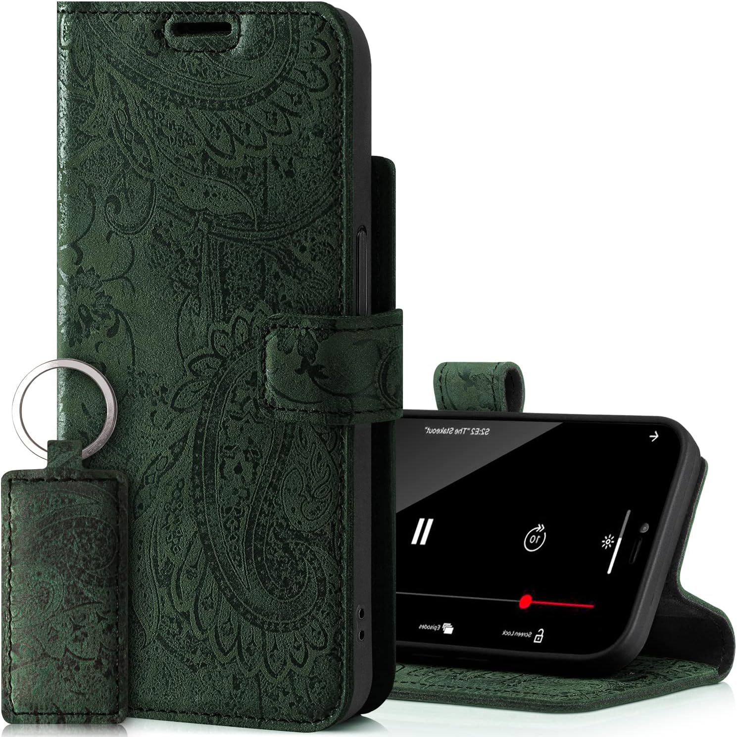 SURAZO Phone Case Compatible with iPhone 14 Pro - Real Leather Wallet Case with [Card Slots] [Kickstand] [RFID Block] [Magnetic Clasp] Handmade Protective Flip Folio Cover (Floral Green)