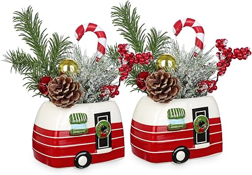 2 Pack Christmas Tabletop Decorations, Mini Camper Centerpiece with Pine Cones, Candy Cane, Holiday Ceramic Ornament for Christmas Table, Shelf, Mantel, Office, Living Room Decor 8.2 Inch Tall