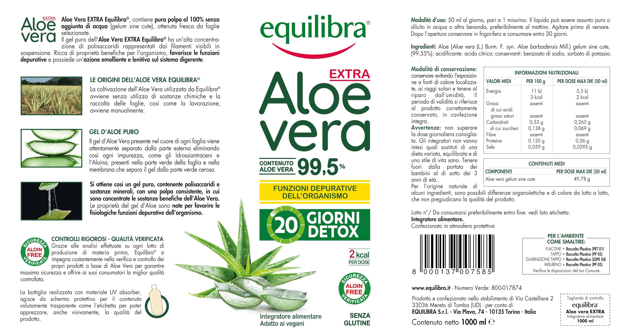 Equilibra Aloe Vera da Bere, 100% Pura Polpa di Aloe, 2x1000 ml per 40 Giorni, Azione Depurativa e Lenitiva, Senza Zuccheri, con Polisaccaridi, Da Bere Puro o Diluito in Acqua