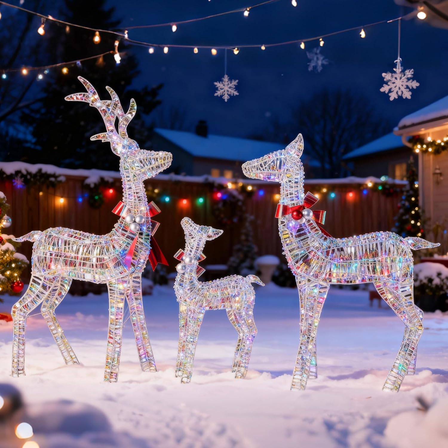 3-Piece Iridescent Christmas Deer Outdoor Decorations, 4.5ft Reindeer Family Set Outdoor Lighted Display with 350 LEDs, 2025 Upgraded Rattan, Stakes & Zip Ties for Long-Lasting Yard Garden Decor