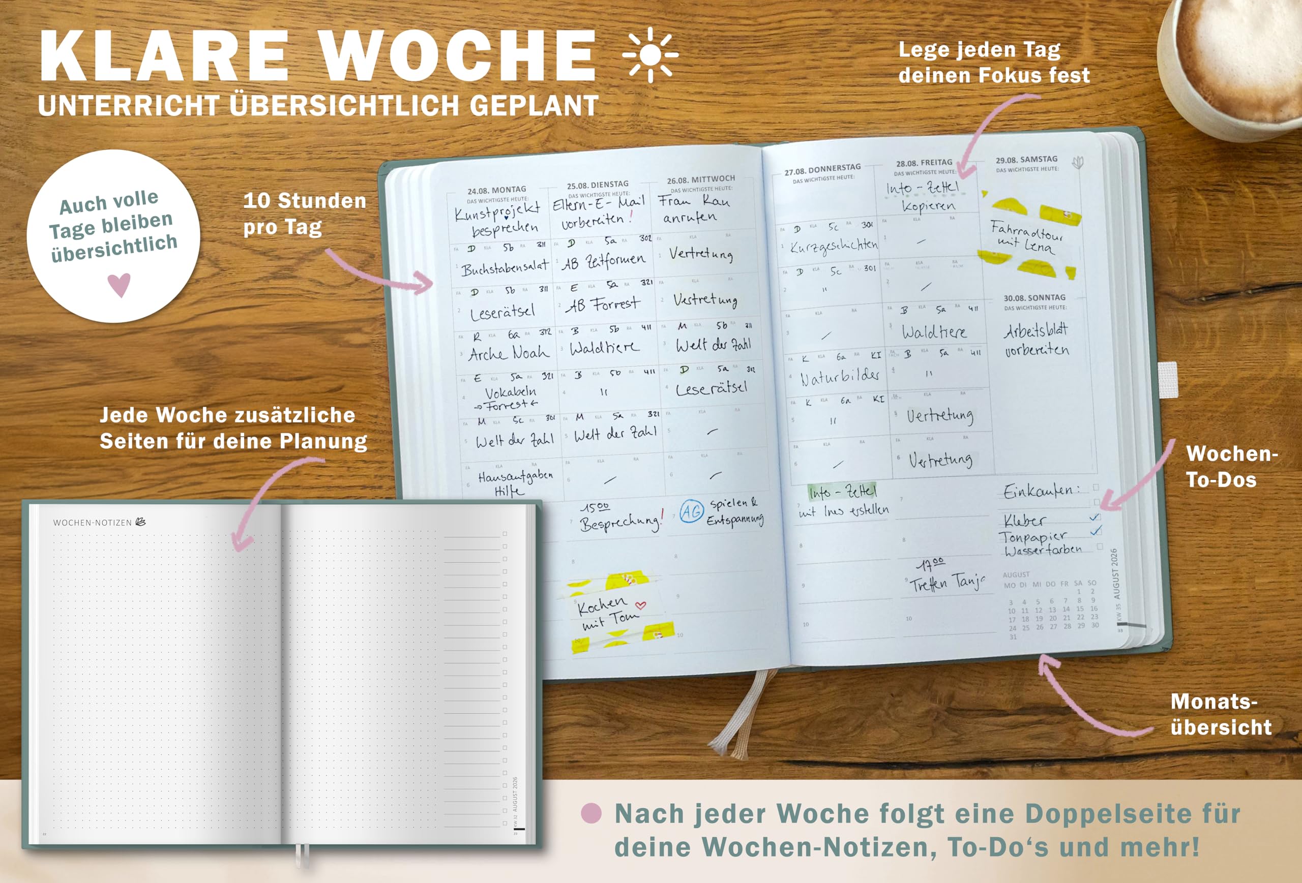 Eine der Guten Lehrerkalender 2026 2027, A5+ Lehrerplaner, 4 Seiten pro Woche, hochwertiger Hardcover Schulplaner für Schuljahr 26/27, mint weiß, 17x24 cm, klimaneutral