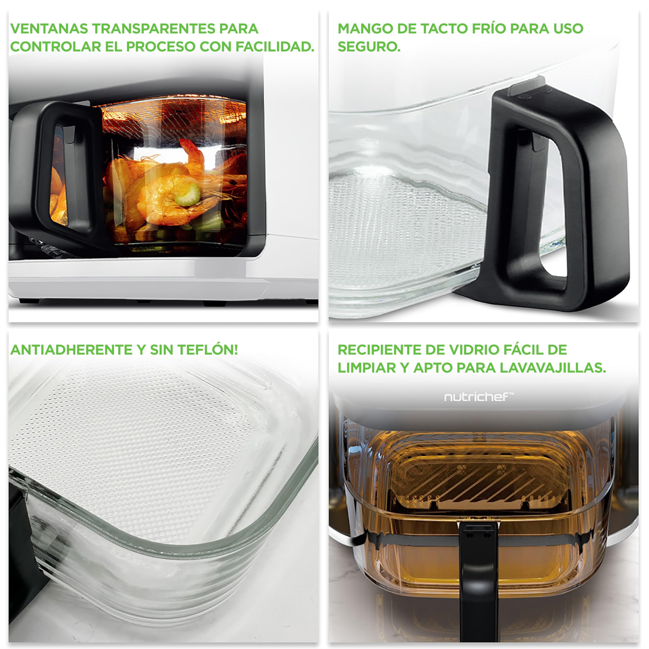 Nutrichef Freidora de Aire, 5.5L, 8 Modos de Coccion Preestablecidos, Recipiente Transparente, Control Preciso de Temperatura y Tiempo