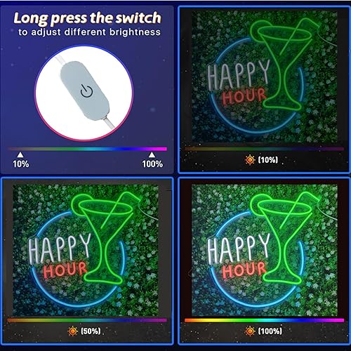 Miniatura 5 de Letrero de neón de 20 x 18 pulgadas con texto en inglés Happy Hour, Bar Man Cave Club, luz LED para dormitorio, decoración de pared, tienda de pub,