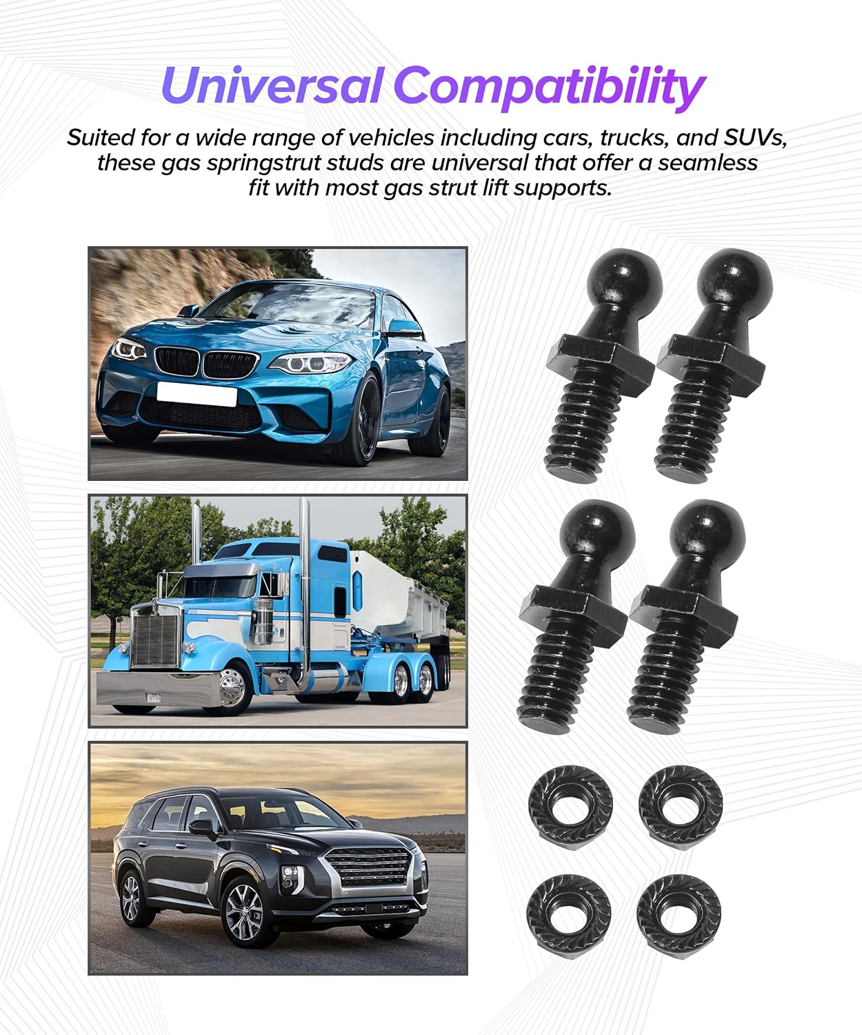 4PCS Gas Strut Ball Stud,Car Accessories 10 mm Ball Stud with Hardware Nuts,Automotive Replacement Shock Mounting Kits,Applied to the Hoods and Trunks of Cars,Sedans,SUVs,and MPVs,etc (Black)