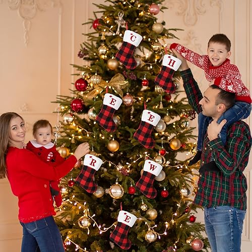 Miniatura 7 de 8inches Initial Monogram Christmas Stocking Red Buffalo Plaid Christmas Stocking with Embroidered Letter Personalized Mini Christmas Stocking White