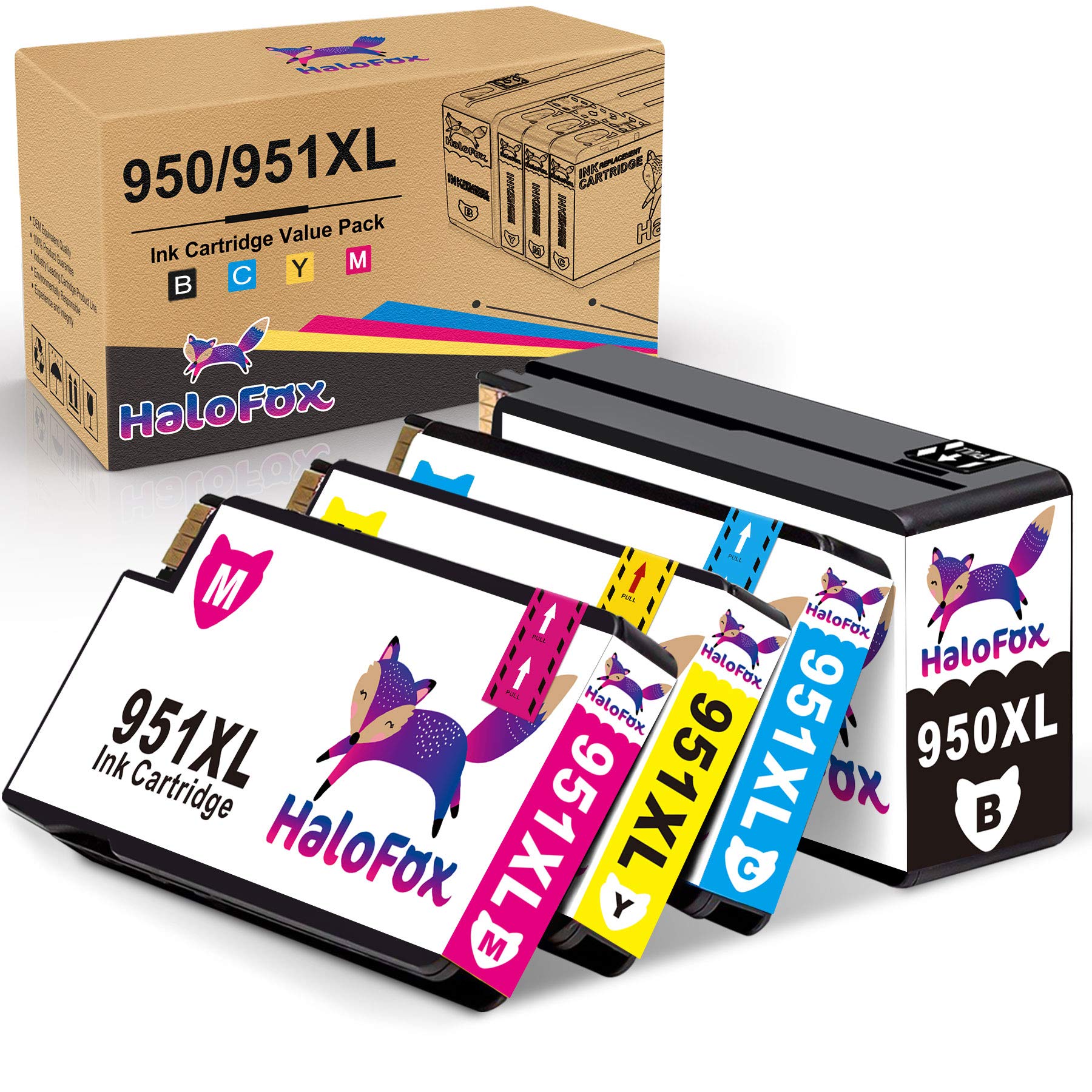 HaloFox Compatible Ink Cartridge Replacement for 950XL 951XL for OfficeJet pro 8600 8610 8620 8100 8630 8660 8640 8615 8625 276DW 251DW 271DW Printer (1Black 1Magenta 1Cyan 1Yellow, 4-Pack)