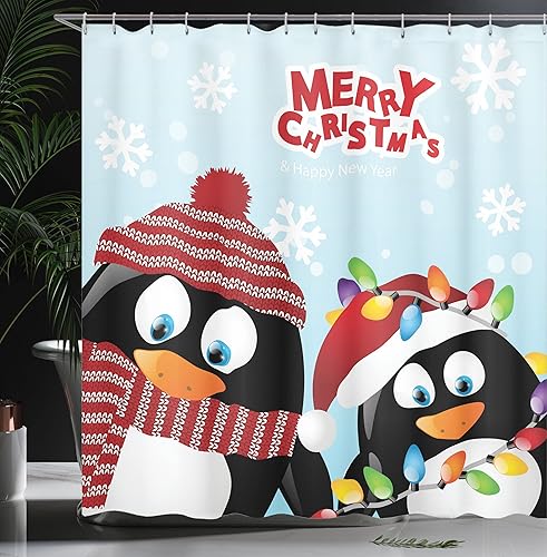 Miniatura 26 de Ambesonne Cortina de ducha de Navidad, estilo retro, palabras de deseos de Navidad con forma de árbol con adornos, juego de decoración de baño de