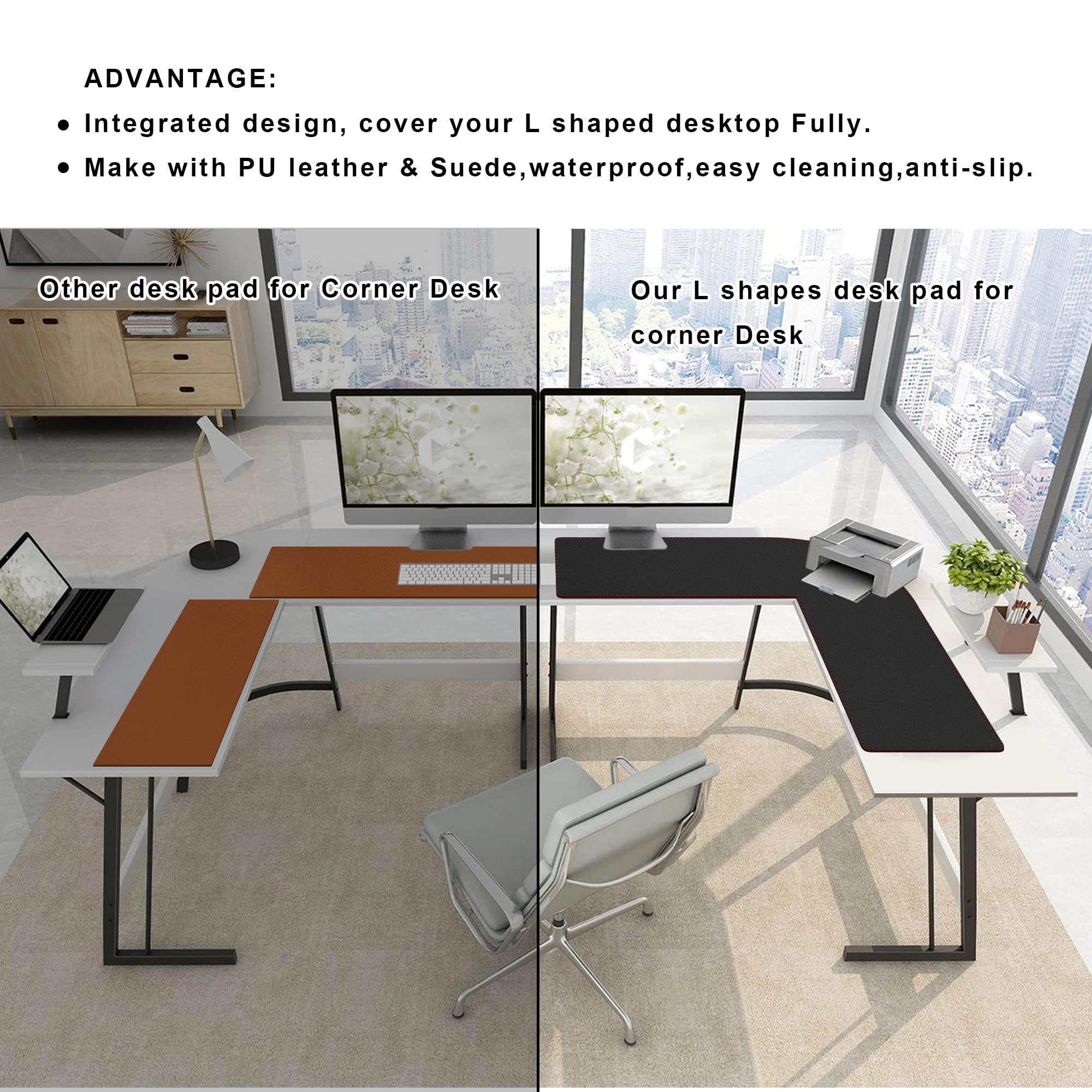 ZORESYN Bureau Informatique Coin en Forme de L Tapis de Souris, (120+120) x40cm sous-Mains en Cuir PU, imperméable Tapis de Souris Gaming de Travail PC Gaming pour Maison et Bureau, Noir