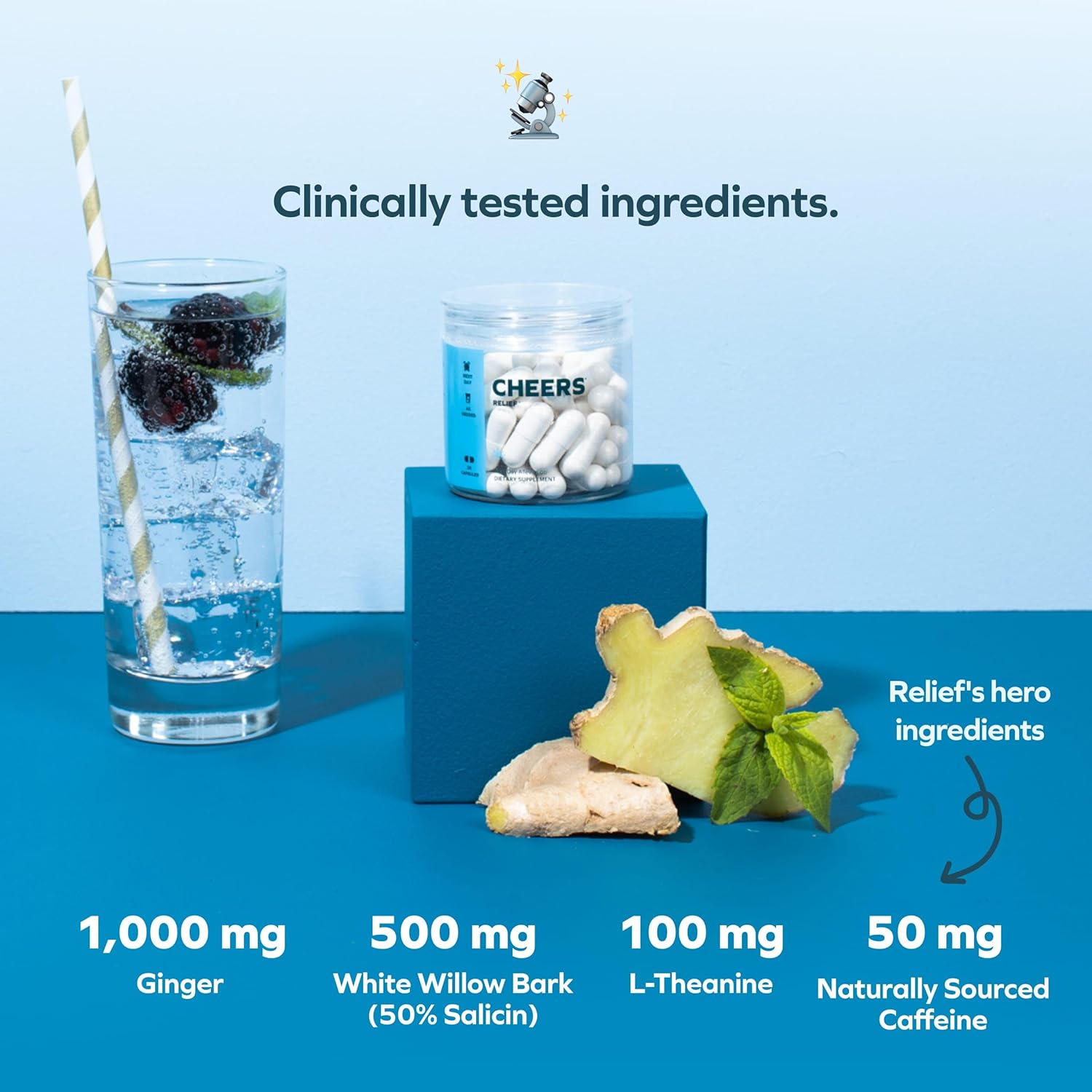 Cheers Relief | Next Morning Aid with Ginger + White Willow Bark | Feel Better After Drinking | 24 Doses | Ginger, White Willow Bark, L-Theanine, Caffeine