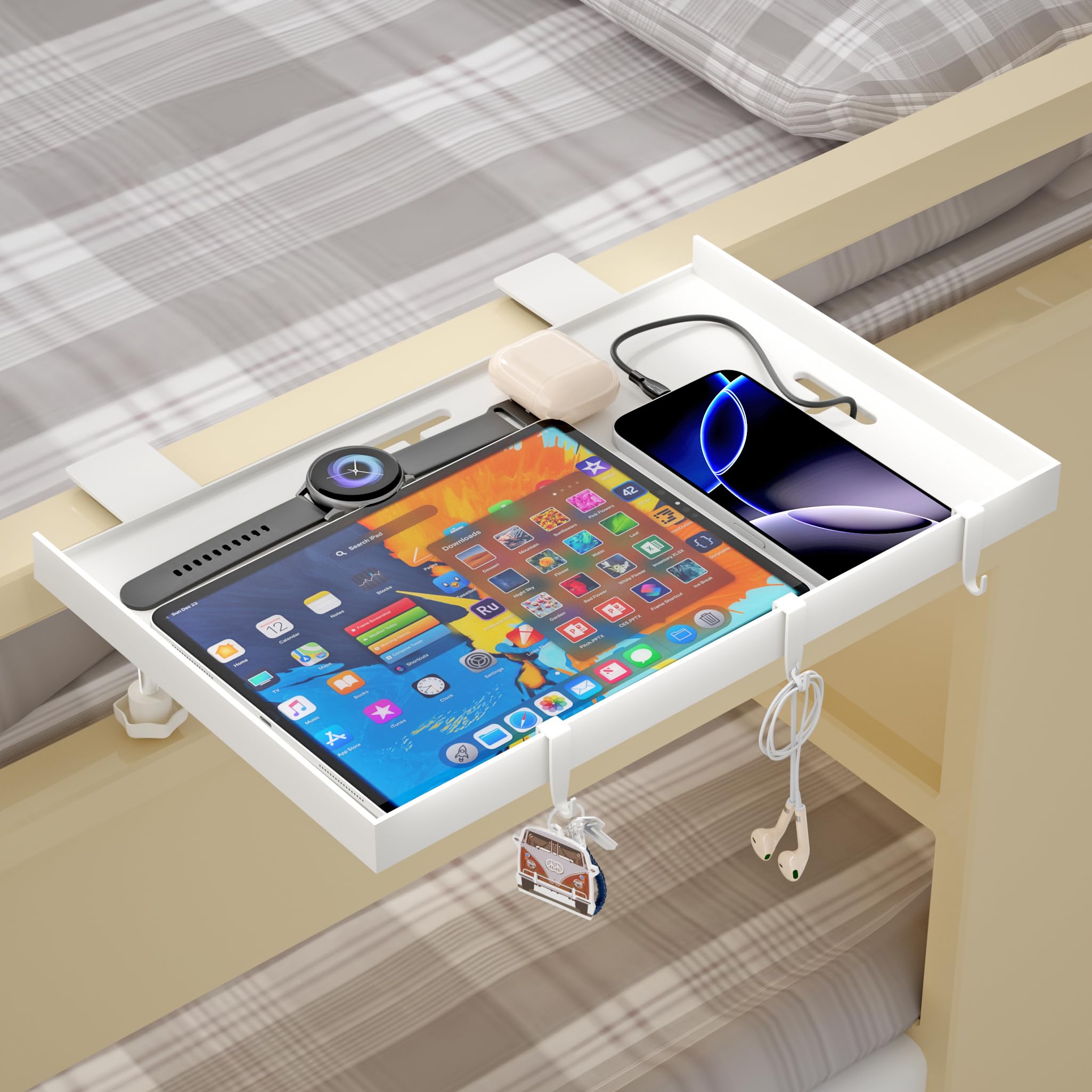 Foldable Bedside Shelf, Metal Clip-On Bed Tray Table for Bunk Bed & Dorm Beds, Dorm Room Essentials Organizer for College Students, Floating Tray,