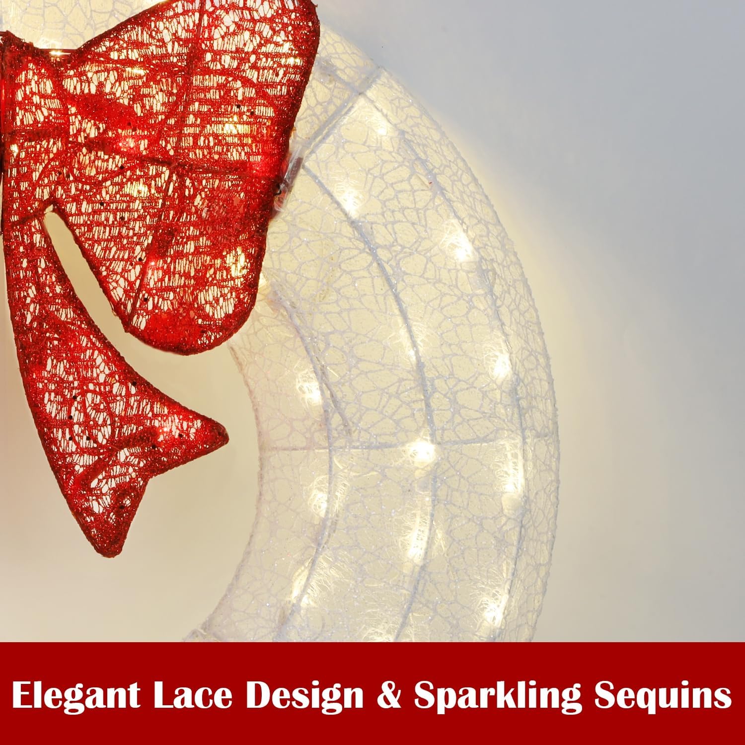 ATDAWN 26 Inch Christmas Wreath, Outdoor Christmas Wreath Decoration, Lighted Xmas Wreath for Christmas Home Wall Door Decoration (White)