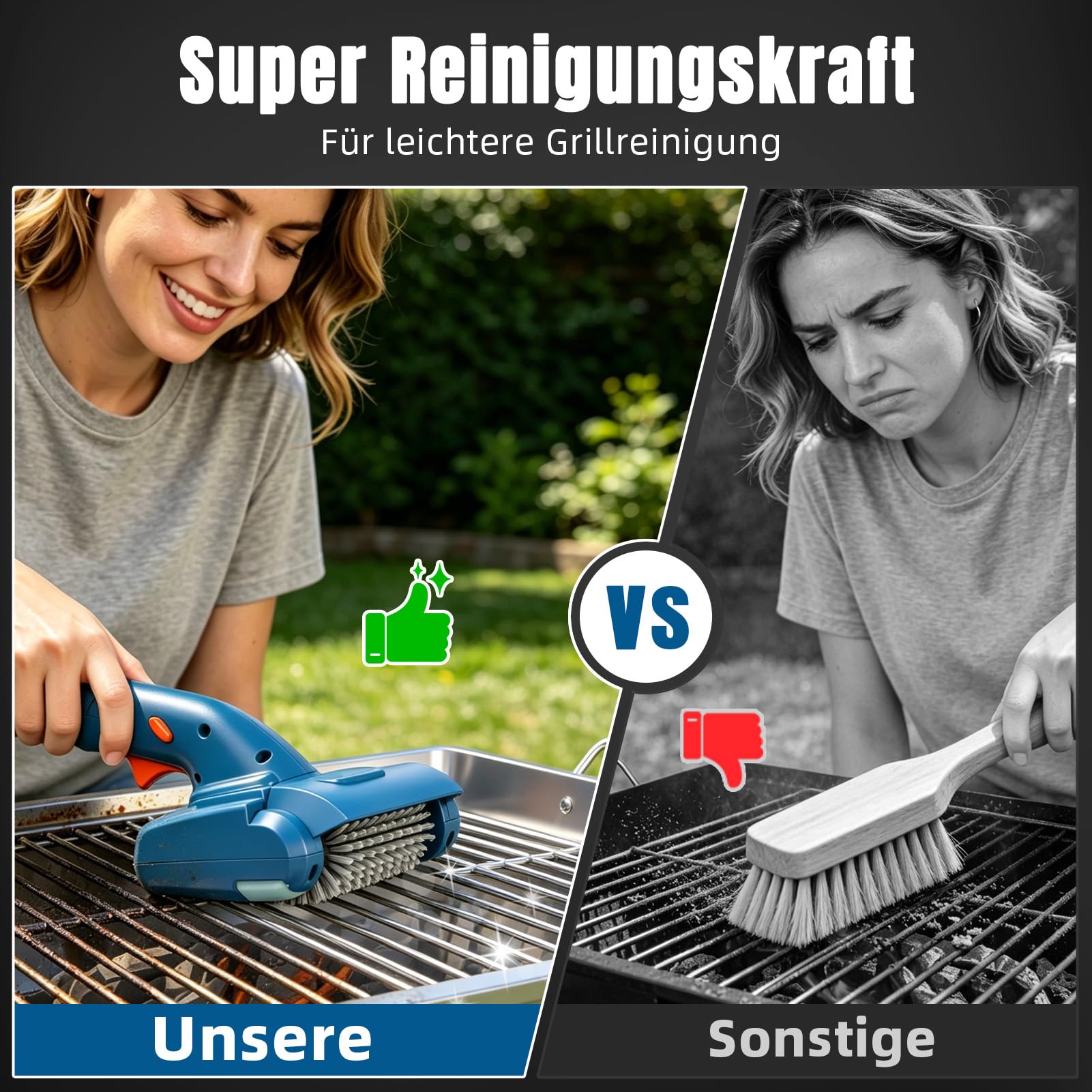Elektrische Grillbürste, kabellose Grillreinigungsbürste mit 2 Bürstenköpfen, 2 Akkus, 1500 U/min,wiederaufladbare Edelstahlbürste für Grillroste,tragbare Grillbürste