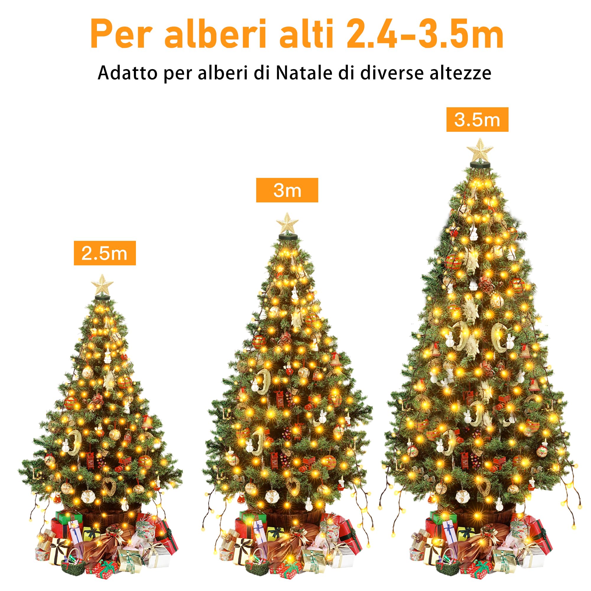 HeiPard luci Albero di Natale con anello 3M 360LED 12 Rami Catene Luminose Esterno Interno 8 Modalità Timer Impermeabile per 240-350cm albero di Natale, Bianco Caldo