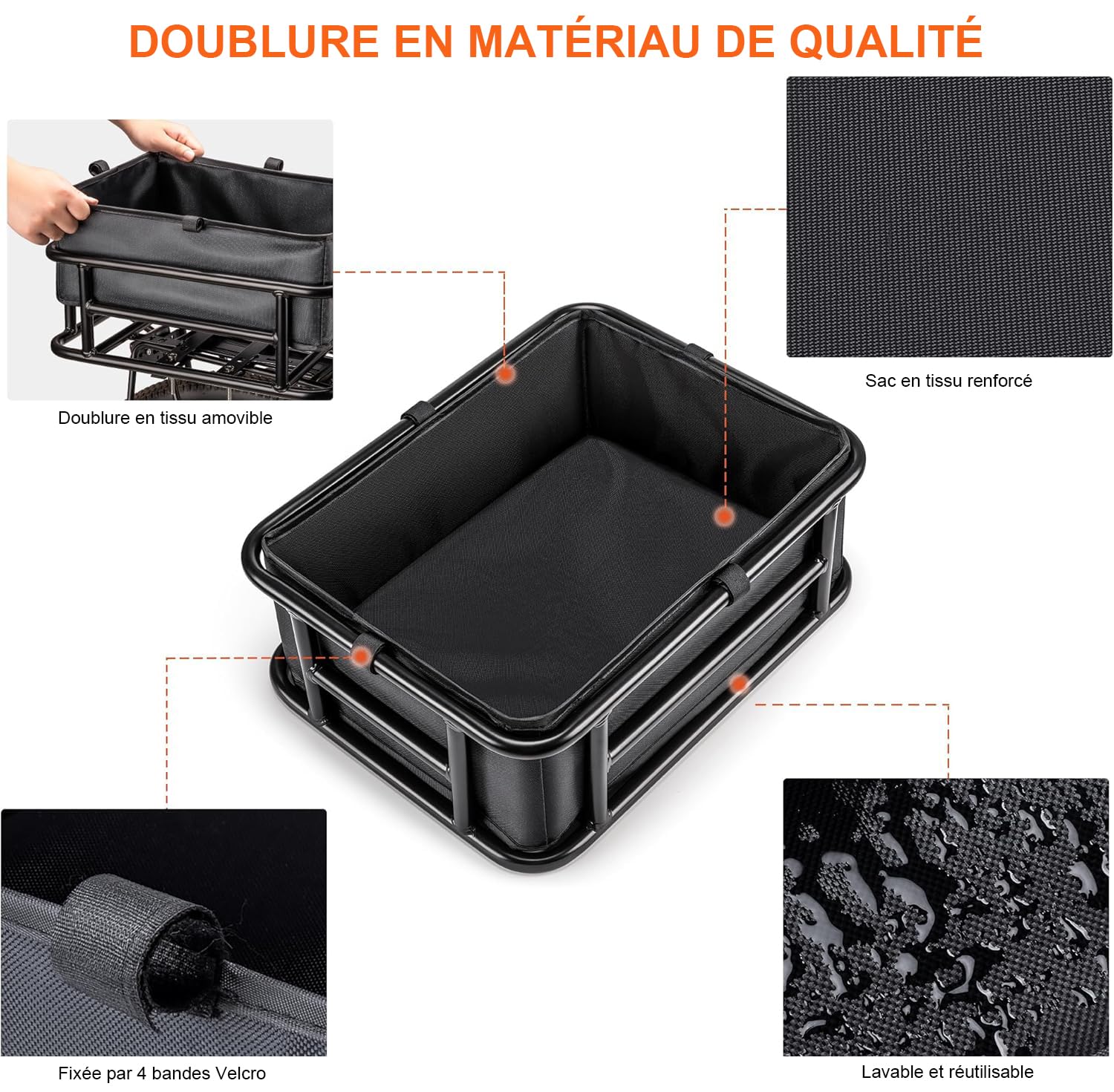 CXWXC Panier de vélo arrière avec filet cargo et doublure - Charge maximale : 30 kg - Volume : 10 l - Panier de vélo pour vélo, vélo électrique