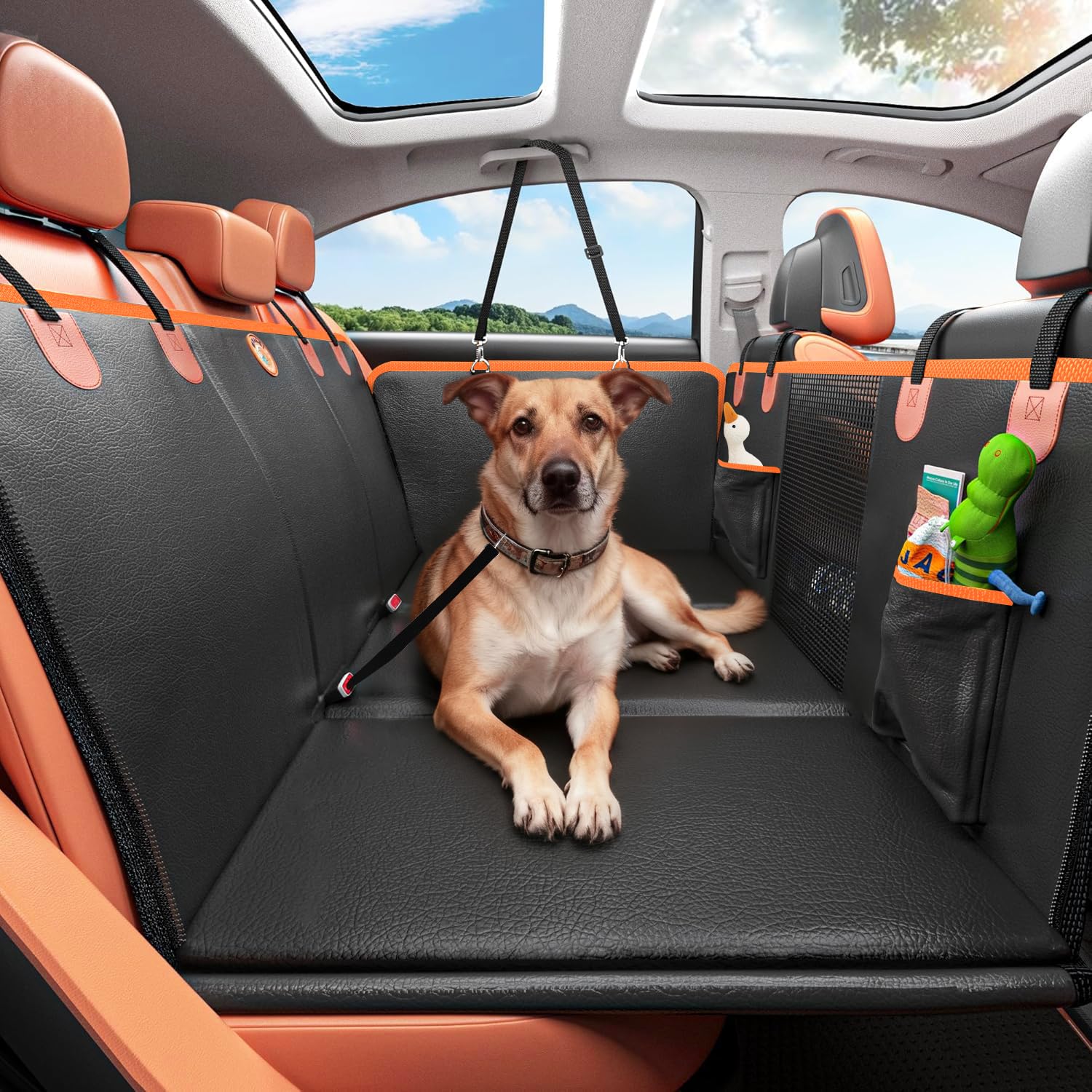 Ebuty ペットドライブシート【座席硬化 落ち防止】後部座席 車 犬 シートカバー 大型犬 防水 滑止め ハーネス付きドライブベッド 丈夫 汎用版 空間拡張 可視メッシュ窓 リード 傷つきにくい 取り付け簡単 折り畳み式 カバー くるまシート 洗濯可 旅行 キャンプ アウトドア 犬を車に乗せるグッズ 軽自動車 夏 132x63cm