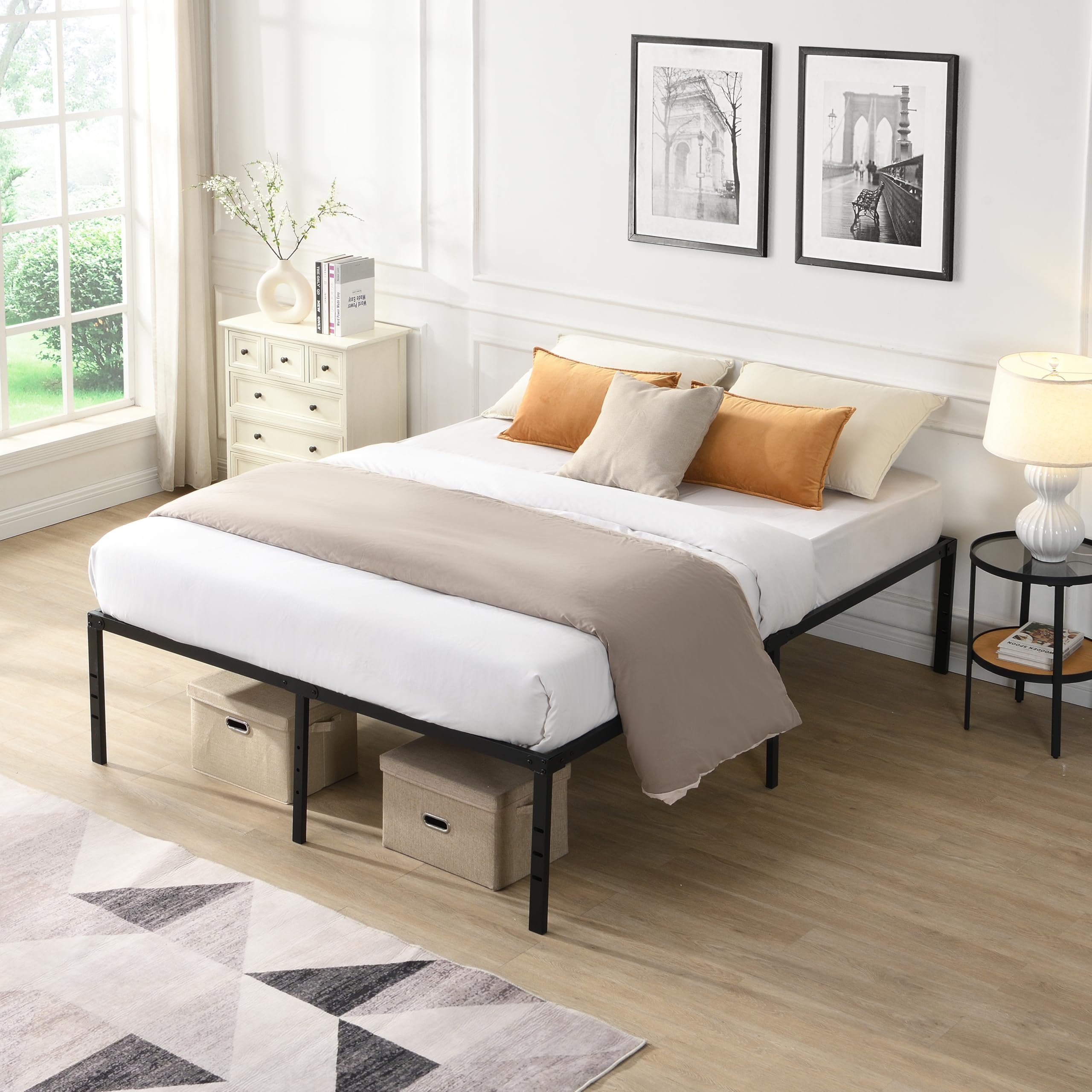 Metal Bed Frame King Size Bed Frame with Storage Space Heavy Duty Sturdy Mattress Foundation Strong Bearing Capacity