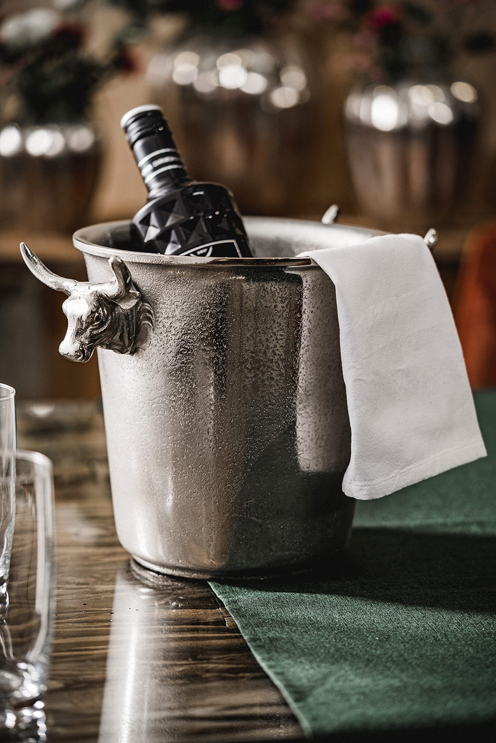 Champagnerkühler Stierkopf, Weinkühler, Flaschenkühler, Sektkühler, Getränkekühler, Aluminium Silber - Kühler für Sekt, Wein und Champagner - 30 cm