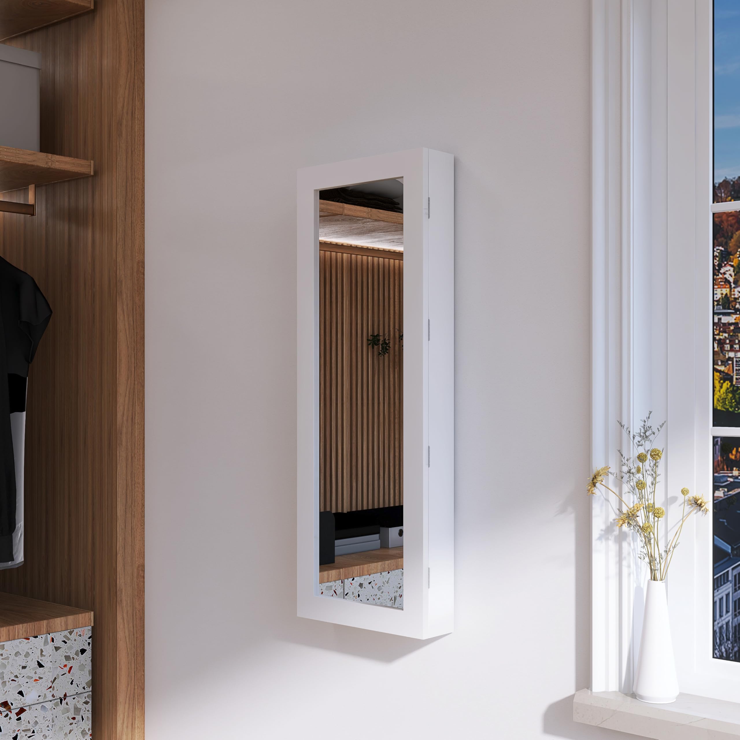 Organizedlife Slim Wall Mounted Ironing Board Cabinet, base in metallo girevole a 180° e specchio, asse da stiro pieghevole per biancheria, nessun montaggio richiesto, salvaspazio