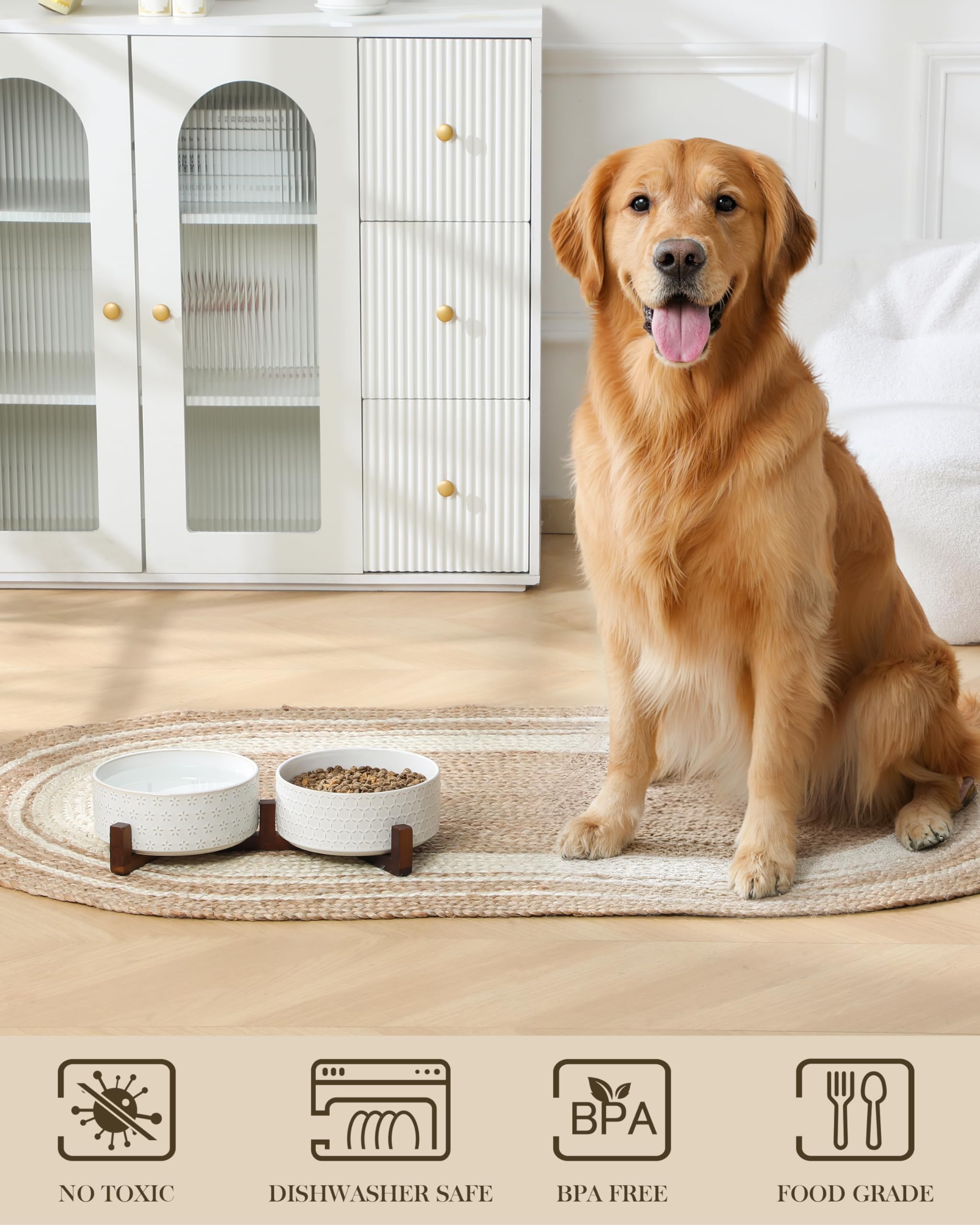 MALACASA Juego de cuencos para perros con soporte de madera de nogal, 6 tazas de cerámica para cachorros, cuencos dobles para alimentos y agua con base antideslizante, cuencos básicos para tu perro