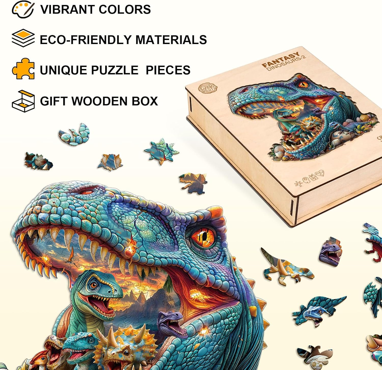 Jigfoxy Wooden Puzzle for Adults, Dinosaurs Jigsaw Puzzles for Adult, Unique Animal Shape Wood Cut Puzzles, Christmas Thanksgiving Gifts for Friends Family (M-11.4 * 11in-165pcs)