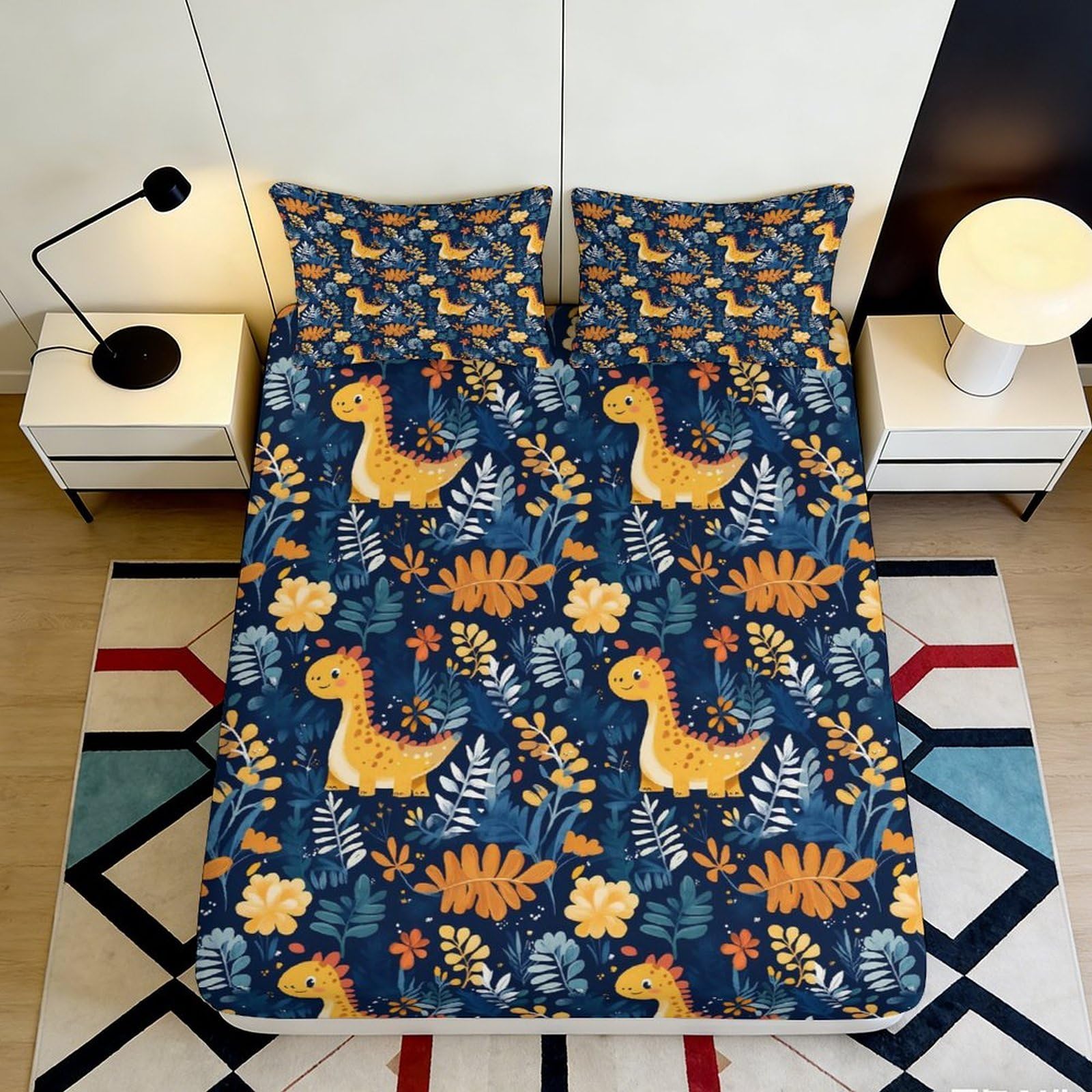 3D Printed Dinosaur Botanical Fitted Sheet Microfiber Soft Anti-Slip Mattress Cover for Bedroom Guestroom Decor 90x200x25cm