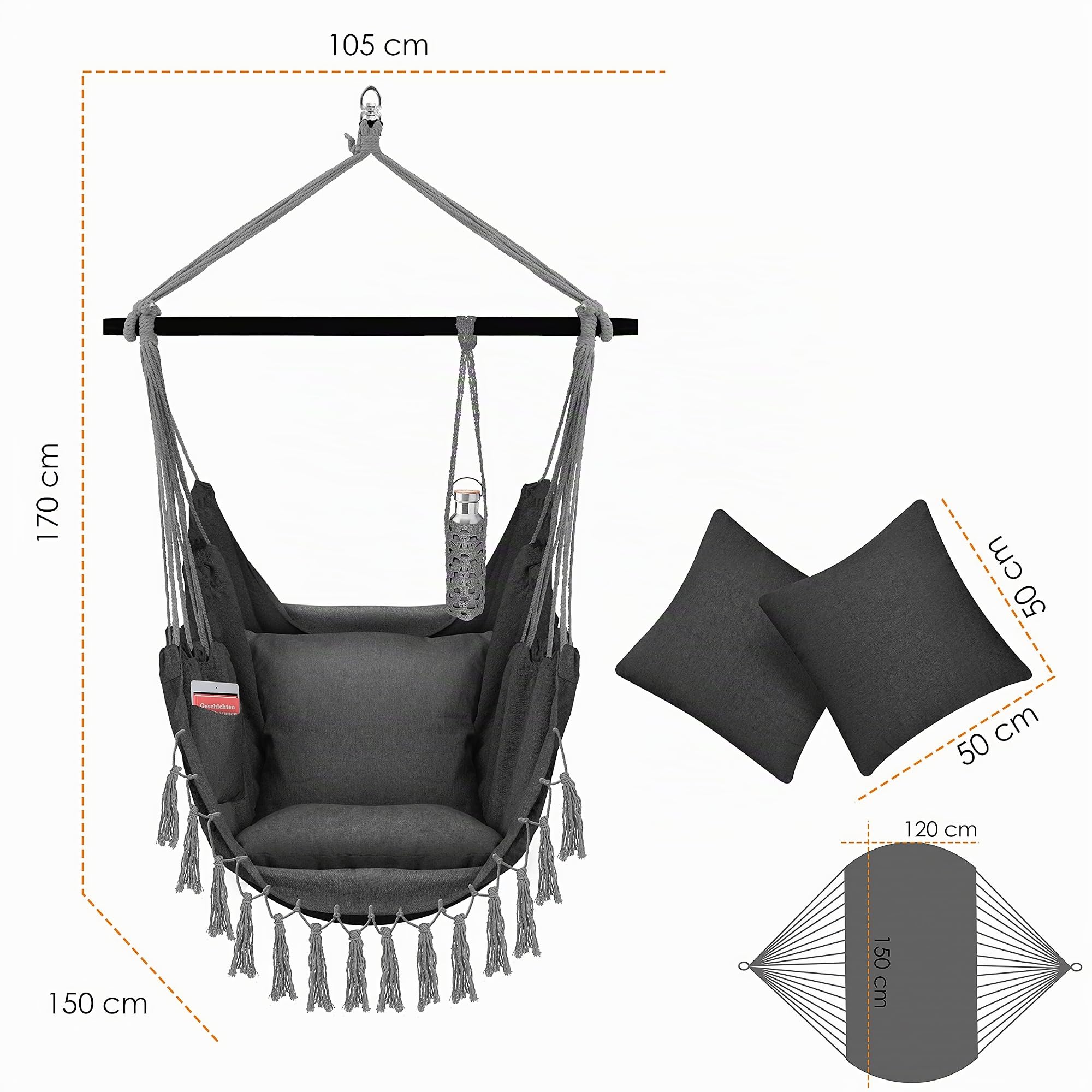 KESSER® Fauteuil Suspendu avec 2 Coussins, Porte-gobelet et Rangement pour Livres | Fauteuil Suspendu Safari XXL pour Adultes et Enfants | Hamac d'une Charge Maximum de 150 kg | Anthracite