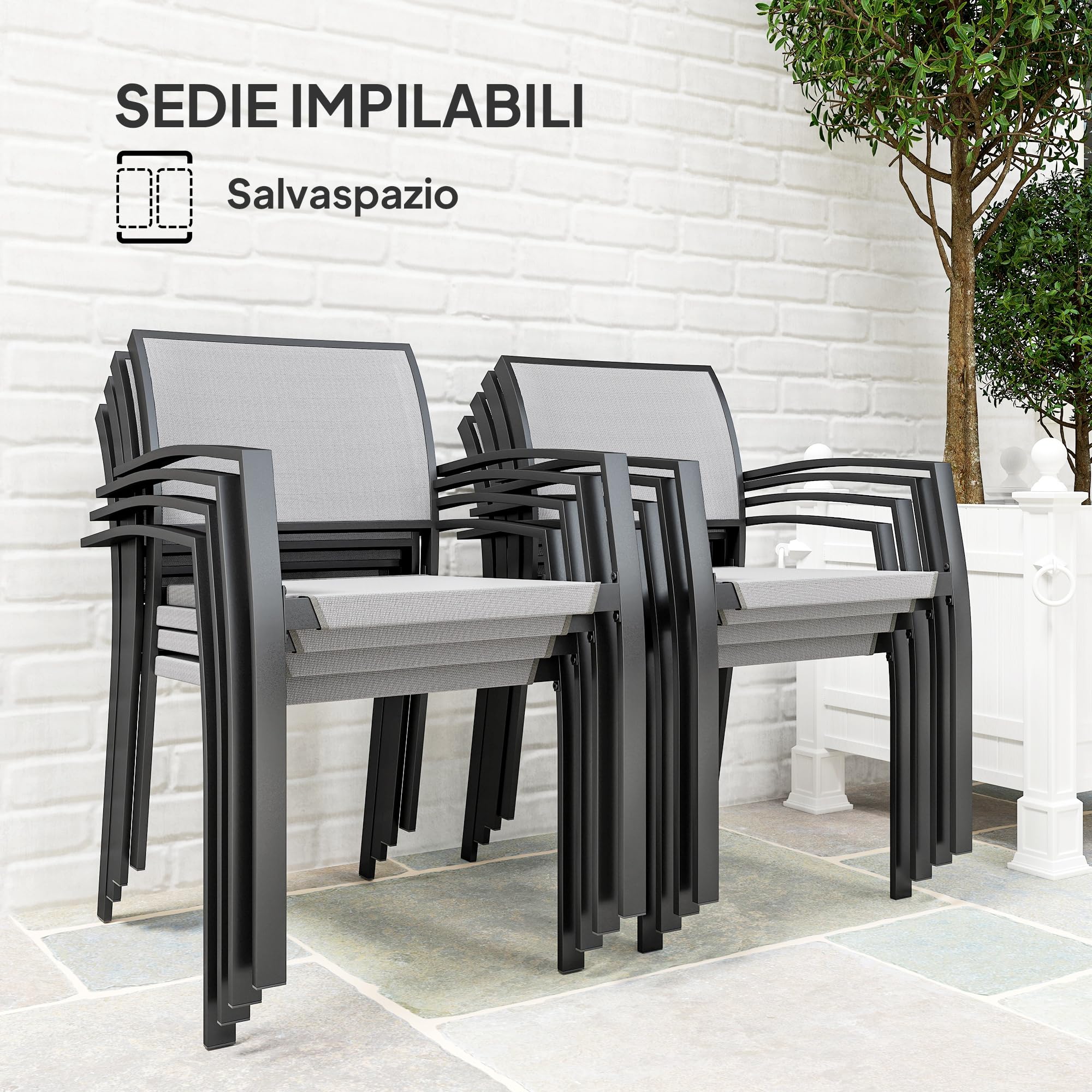 Set Tavolo Da Giardino 9 Pezzi Outsunny Con Sedie, Poggiapiedi E Cuscini - Grigio, Acciaio, PSPC