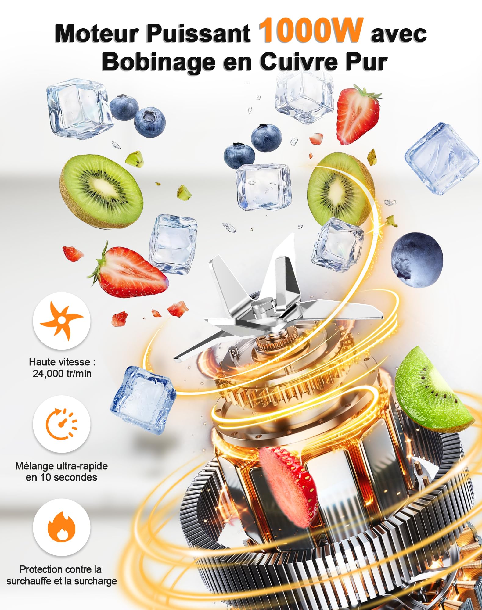 Blender, Mixeur 1000W, Blender Smoothie 2 en 1, Bol en Verre 1.5L + Bouteille Portable 600ml Sans BPA, Lames Inox 304 pour Glace, Auto-nettoyant, Réglage Continu Vitesse