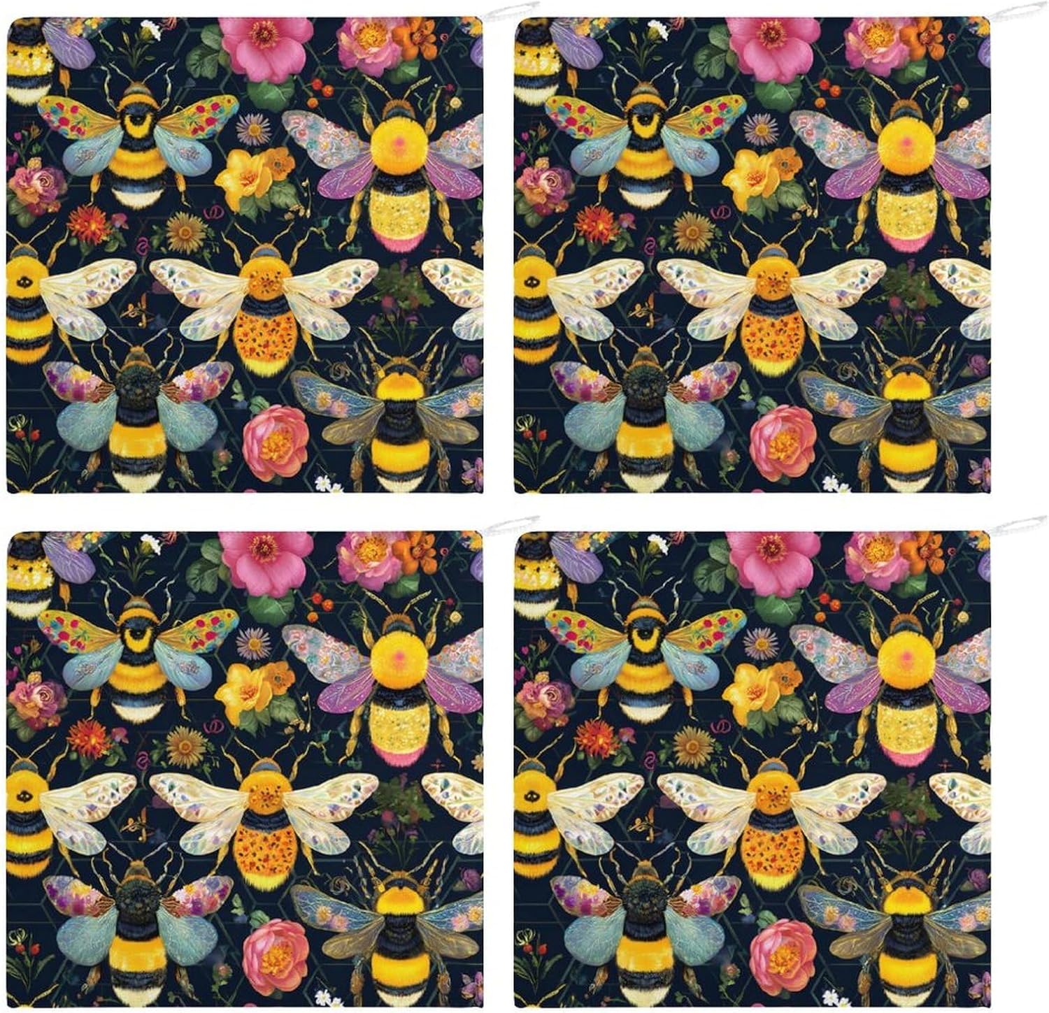 Bees Honeycombs Microfiber Hand Towels for Bathroom Soft Absorbent Bath Kitchen Towel with Hanging Loop 4PCS