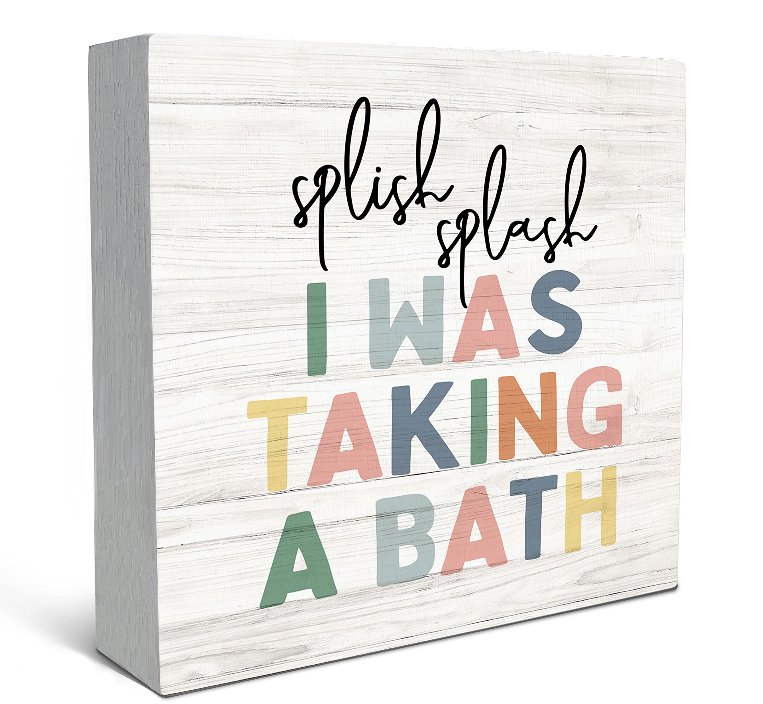 SRADMOKid's Bathroom Quote Splish Splash I Was Taking a Bath Wood Box Sign Desk Decor, Funny Bathroom Wooden Block Box Sign Decoration For Children Restroom Toilet Shelf Table Decor