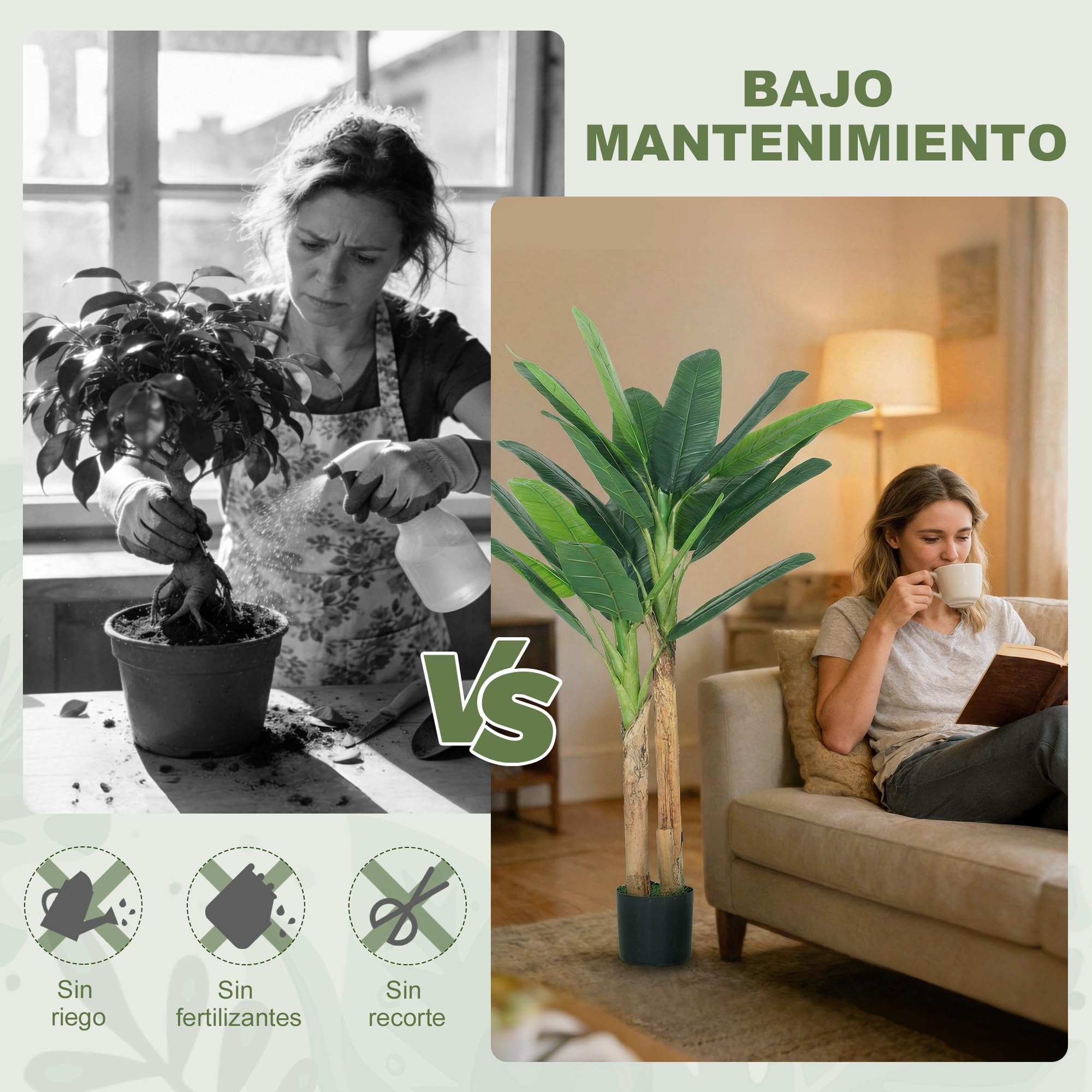 HOMCOM Árbol de Plátano Artificial 150 cm, Planta Artificial Decorativa con Maceta y 2 Troncos, para Decoración del Interior, Hogar, Oficina, Salón, Verde