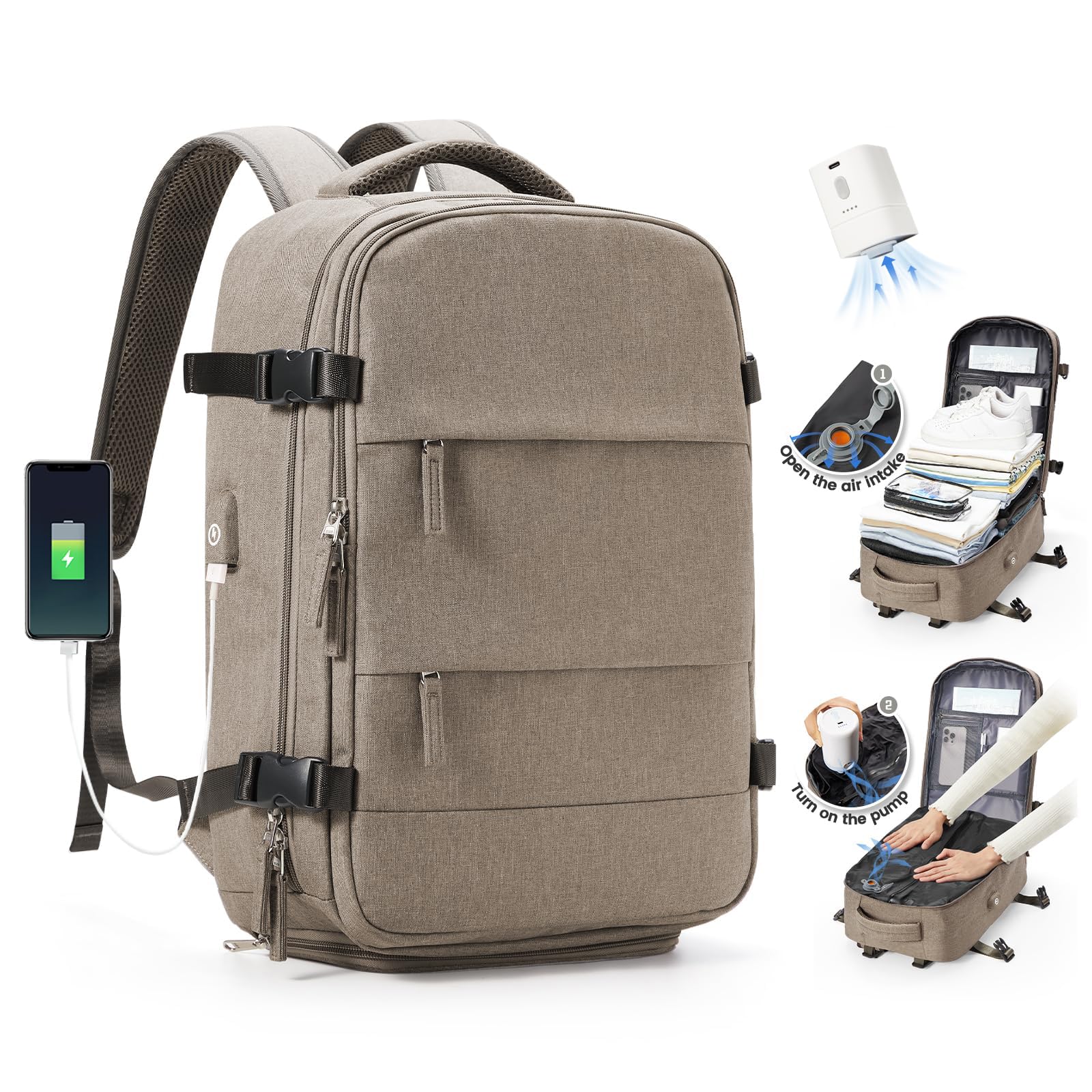 SZLX Vacuum Backpack Travel with Pump Cabin Bags Travel Backpack Women Men Flight Approved Carry on Luggage with Shoe Pouch