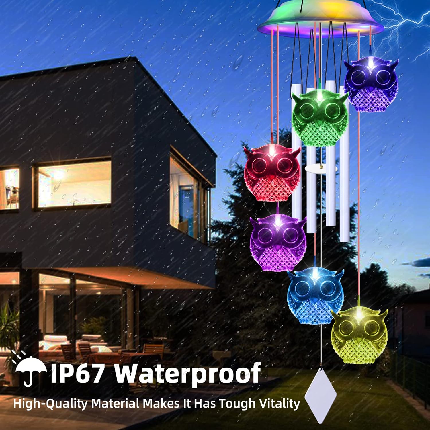 WANQDG Solar Wind Chimes in rain, highlighting IP67 waterproof feature