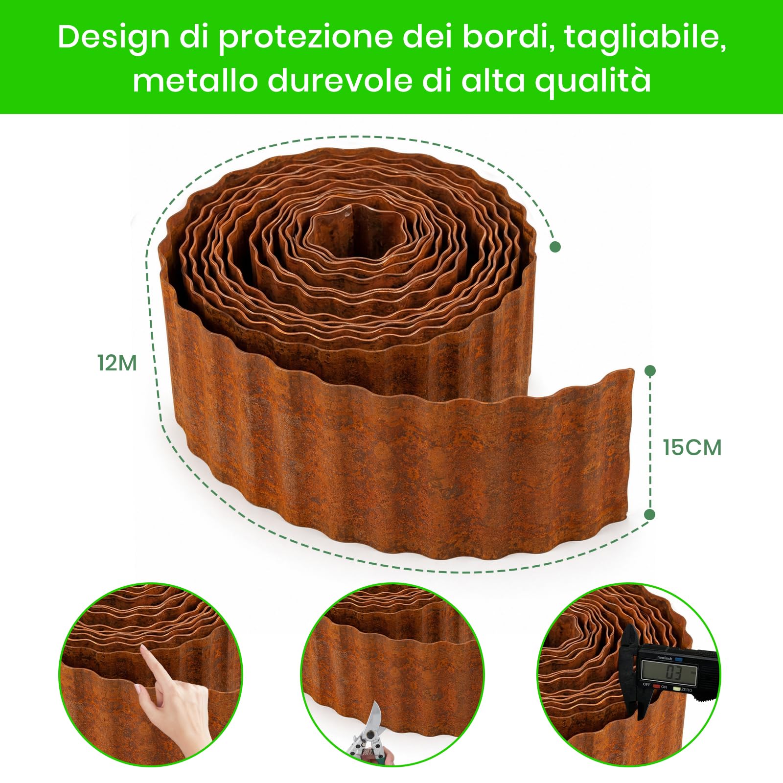 Bordura per Giardino in Acciaio Corten 12m x 15 cm, Bordura per Aiuola in Metallo, Bordo per Prato in Ruggine, 1 Paio di Guanti Incluso, per delimitare aiuole (Forma ondulata, 12M x 15CM)