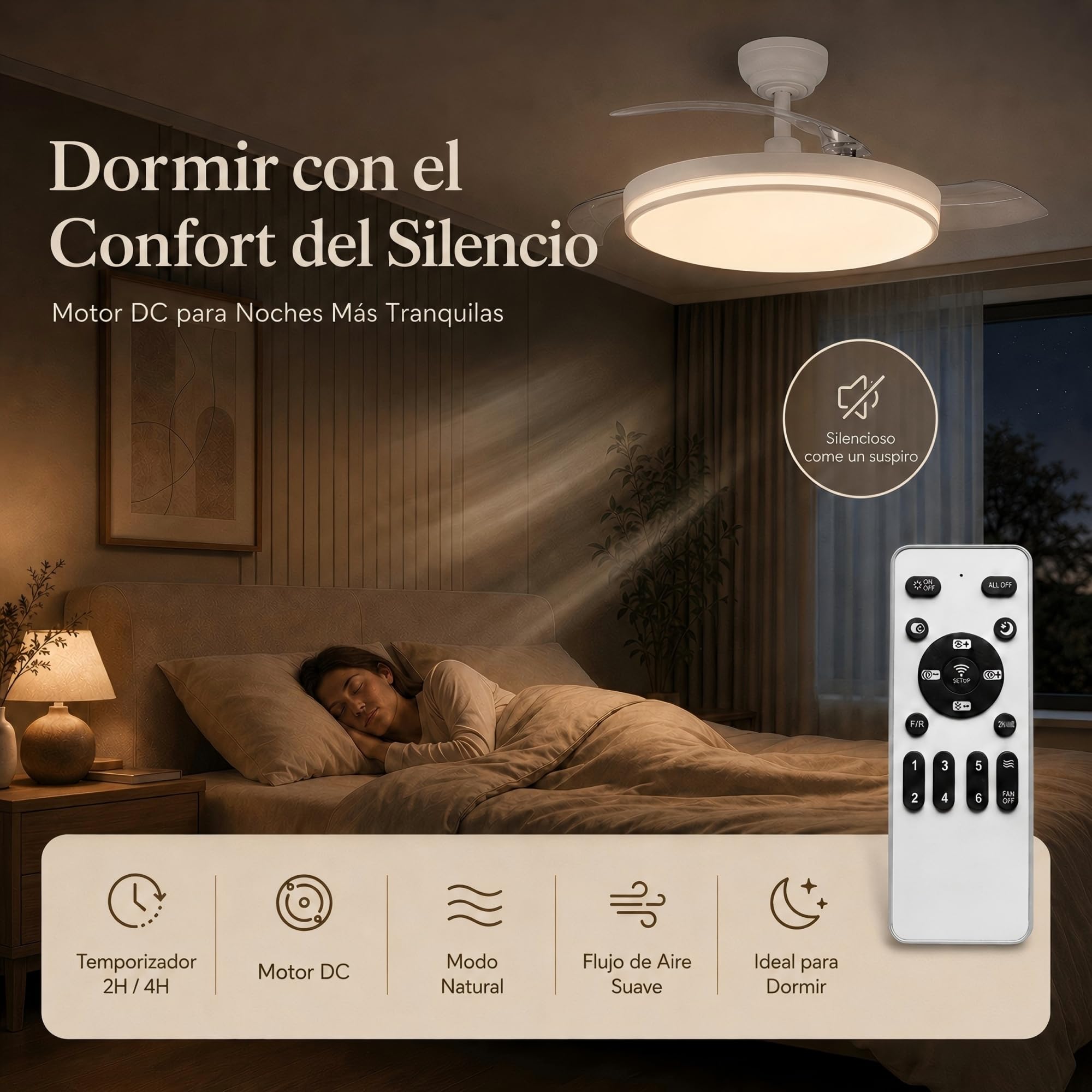 MARSI Ventilador de Techo con Luz y Aspas Retráctiles 106 cm, Motor DC Silencioso, 6 Velocidades, LED Regulable con Mando a Distancia, Función Verano Invierno para Dormitorio y Salón