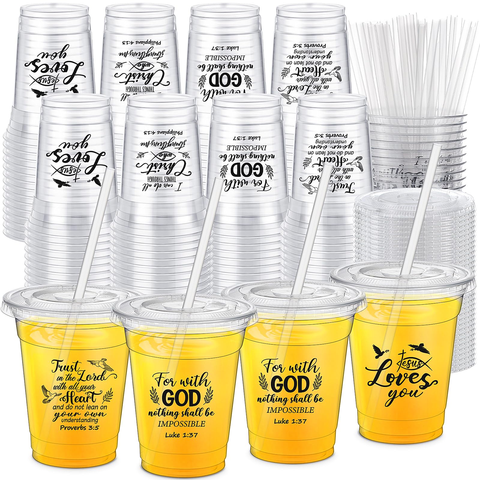 Jingmore 48 Pcs 12oz Inspirational Christian Gift Bible Verse Plastic Cups Bulk with Lids and Straws Religious Christian Disposable Cups for Church