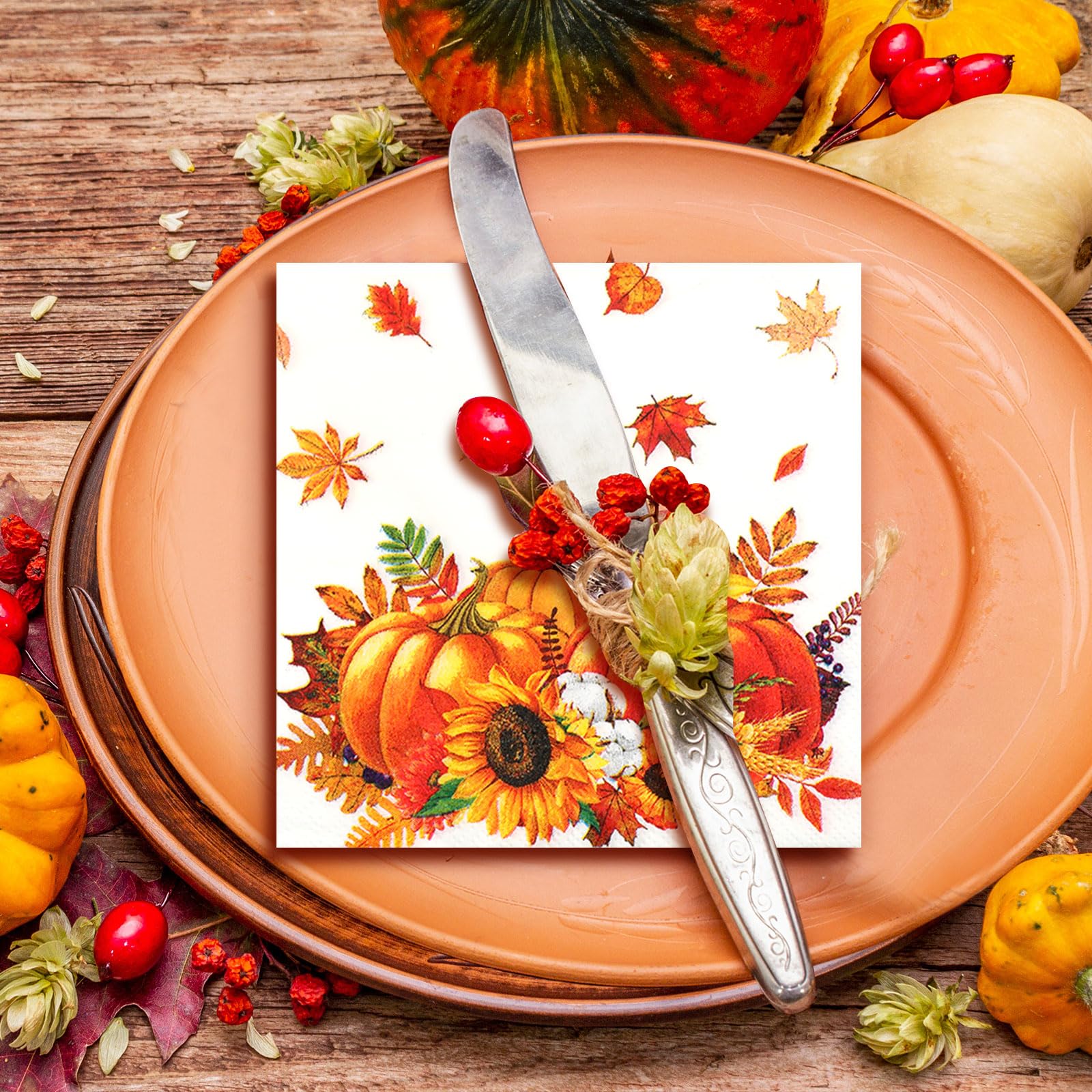 Lot de 100 serviettes jetables en papier « Happy Thanksgiving » - Feuilles de récolte - Pour les citrouilles d'automne - Pour décoration de dîner, invités, salle de bain, salle de bain