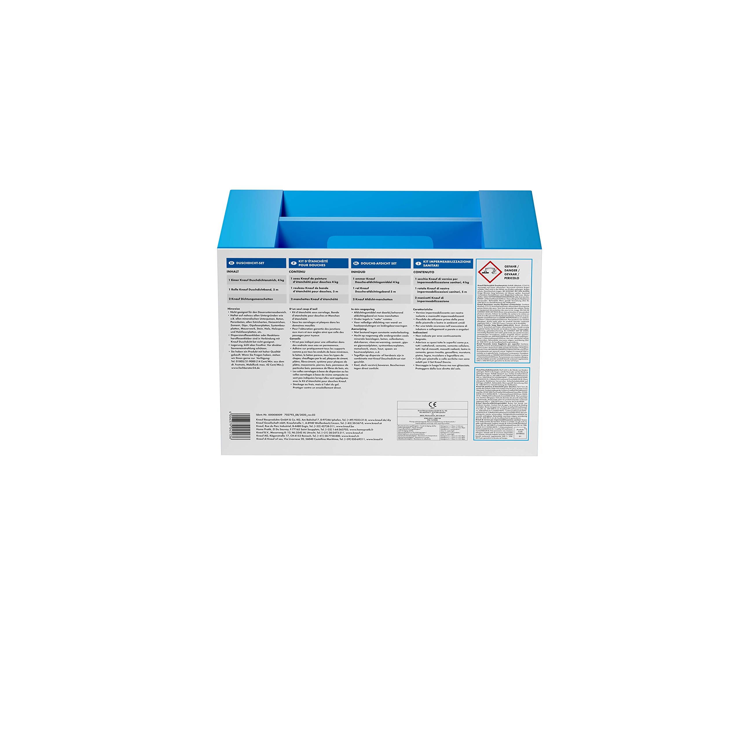 Knauf Duschdicht-Set, Praktisches Abdichtungs-System zur Duschkabine – Sanitär-Dichtung, Flexibel, Rissüberbrückend bis 2 mm, Silikon-Verträglich, für Boden- und Wand-Heizungen, blau, 1 Set, 8009