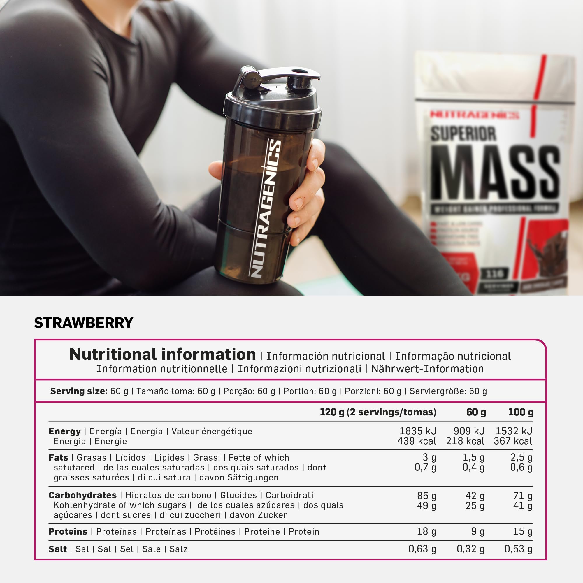 Mass Gainer - Nutragenics Superior Mass - 7 kg - Gainer prise de masse - Gainer prise de poid - Gainer mass - Proteine mass gainer - Whey gainer - Proteine gainer (Fraise)
