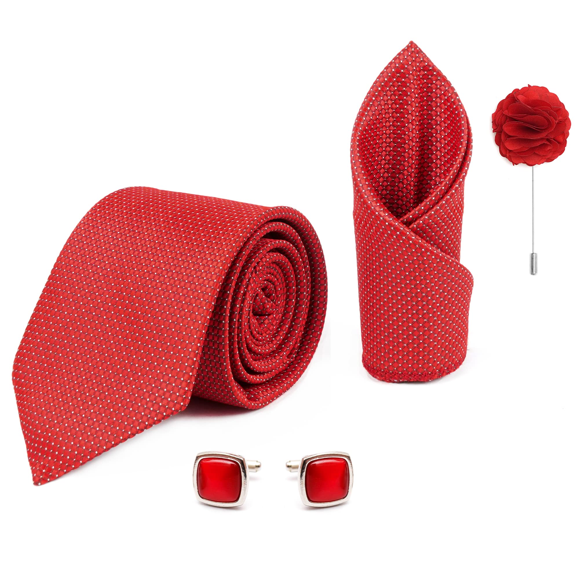 axlon Tie for Men – Dotted Silk Neck Ties Set with Cufflinks Flower Pin, Pocket Square & Black Gift Box, Combo Necktie Sets for Office Wear, Formal Suits & Weddings (Red, AXA10RDRX)-picture-31