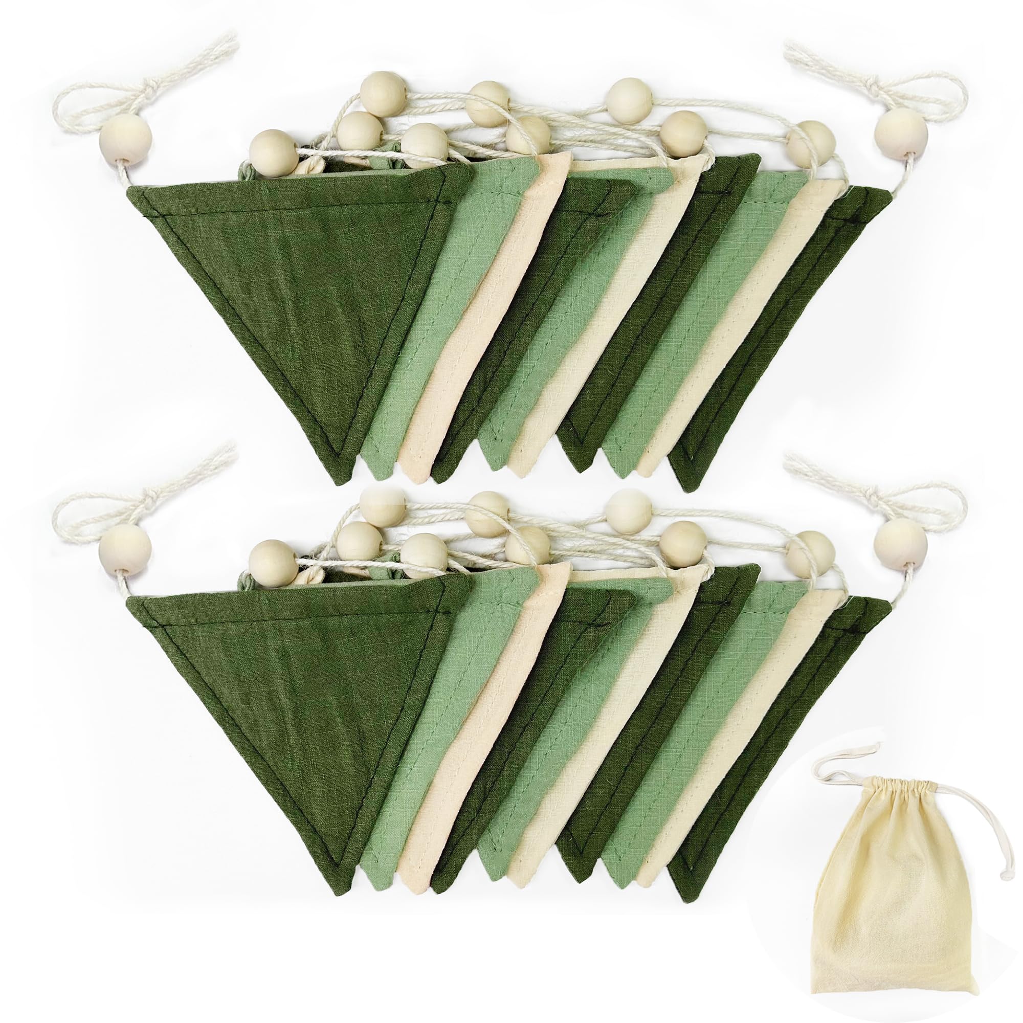 2 juegos de banderines con cuentas de madera verde salvia, 20 banderines, guirnaldas de tela verde oliva, lino y triángulos para decoración de habitación de bebé, safari en la jungla, cumpleaños, baby shower, etc.
