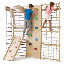 94.5 H 10-in-1 Swedish Ladder, Rock Climbing Wall for Kids and Adults with Slide, Swing, Gymnastic Rings, Rope Ladder, and Monkey Bar, Indoor Jungle Gym