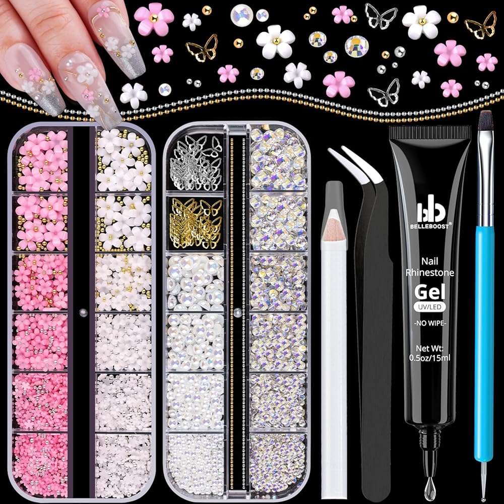 3D Nail Charms, Manicure Kit with Nail Rhinestone Glue Gel (UV Curing), Butterfly White Pink Flower Starry AB Gems Caviar Beads Half Round Pearl & Flatback Glass AB + Clear Gems with Dotting Tools