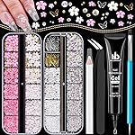 3D Nail Charms, Manicure Kit with Nail Rhinestone Glue Gel (UV Curing), Butterfly White Pink Flower Starry AB Gems Caviar Beads Half Round Pearl & Flatback Glass AB + Clear Gems with Dotting Tools