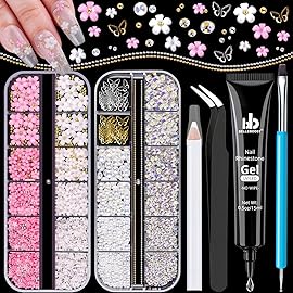 3D Nail Charms, Manicure Kit with Nail Rhinestone Glue Gel (UV Curing), Butterfly White Pink Flower Starry AB Gems Caviar Beads Half Round Pearl & Flatback Glass AB + Clear Gems with Dotting Tools
